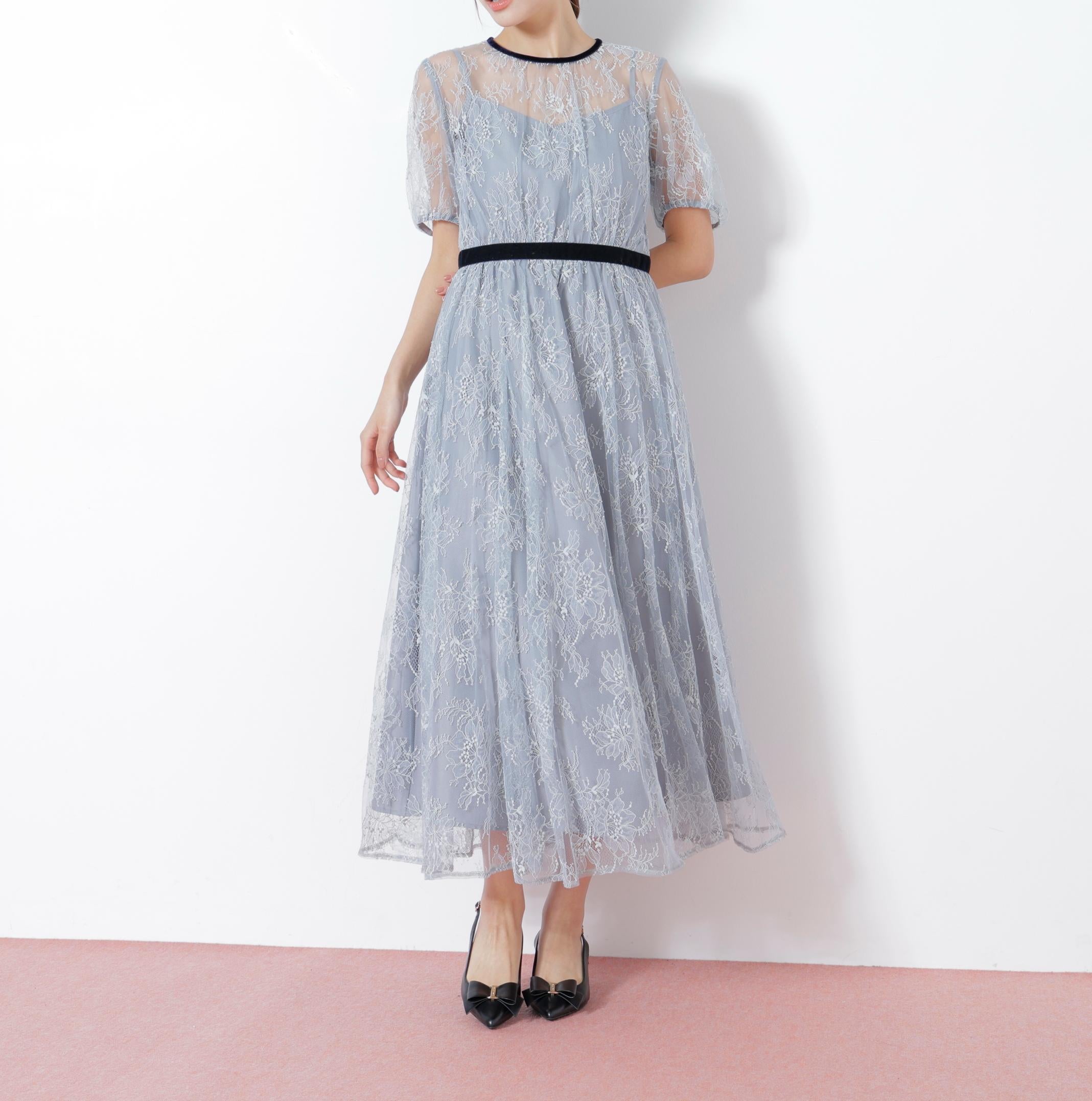 ベロアリボンシアーワンピース ブルー