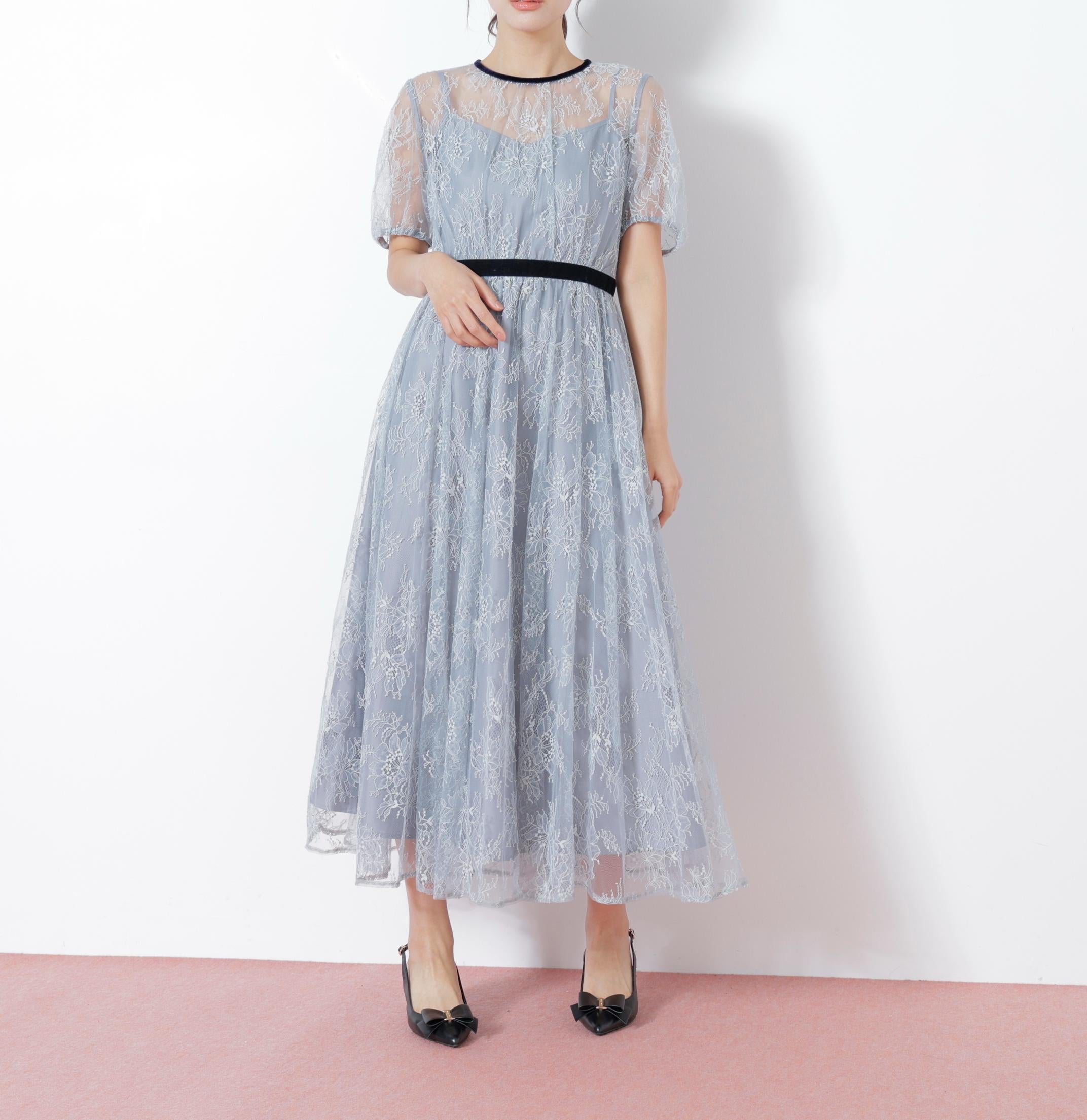 ベロアリボンシアーワンピース ブルー