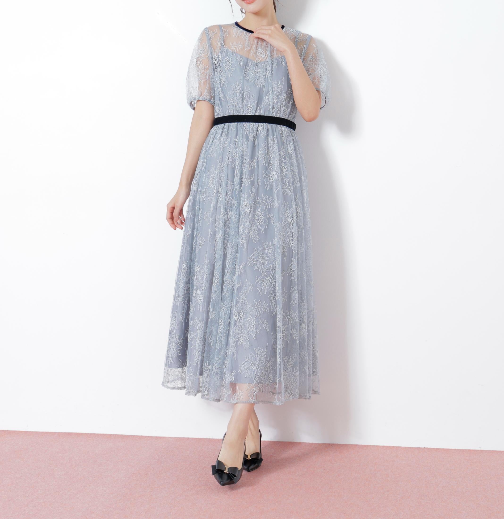 ベロアリボンシアーワンピース ブルー