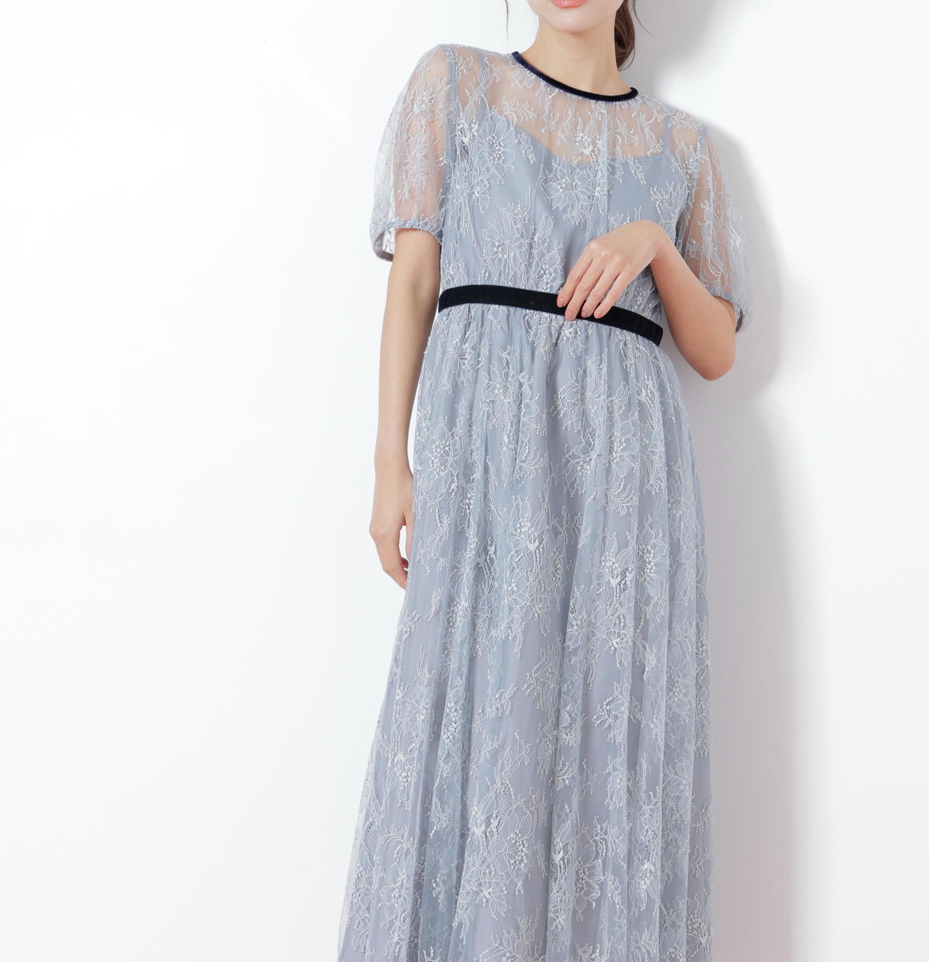 ベロアリボンシアーワンピース ブルー