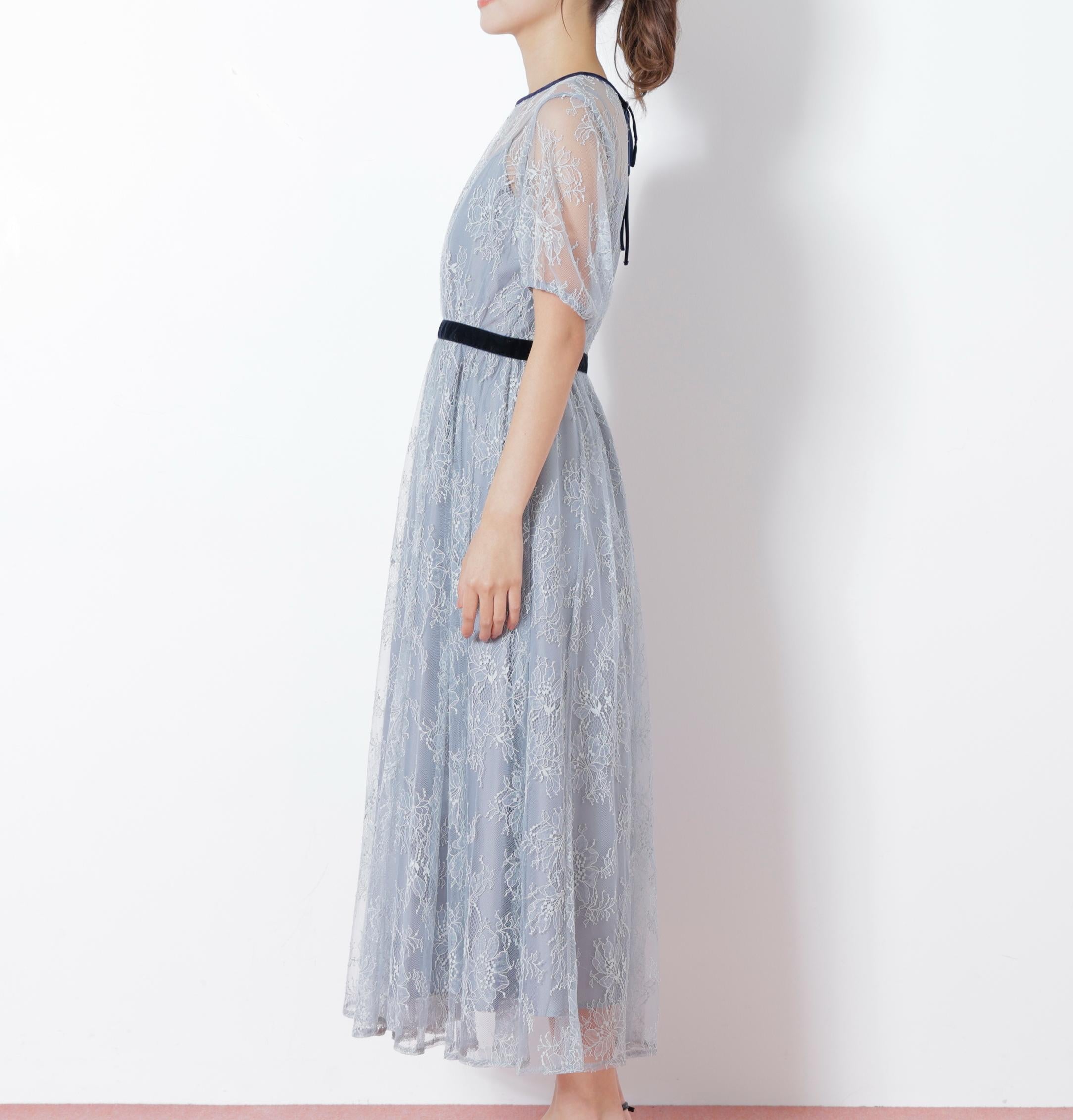 ベロアリボンシアーワンピース ブルー