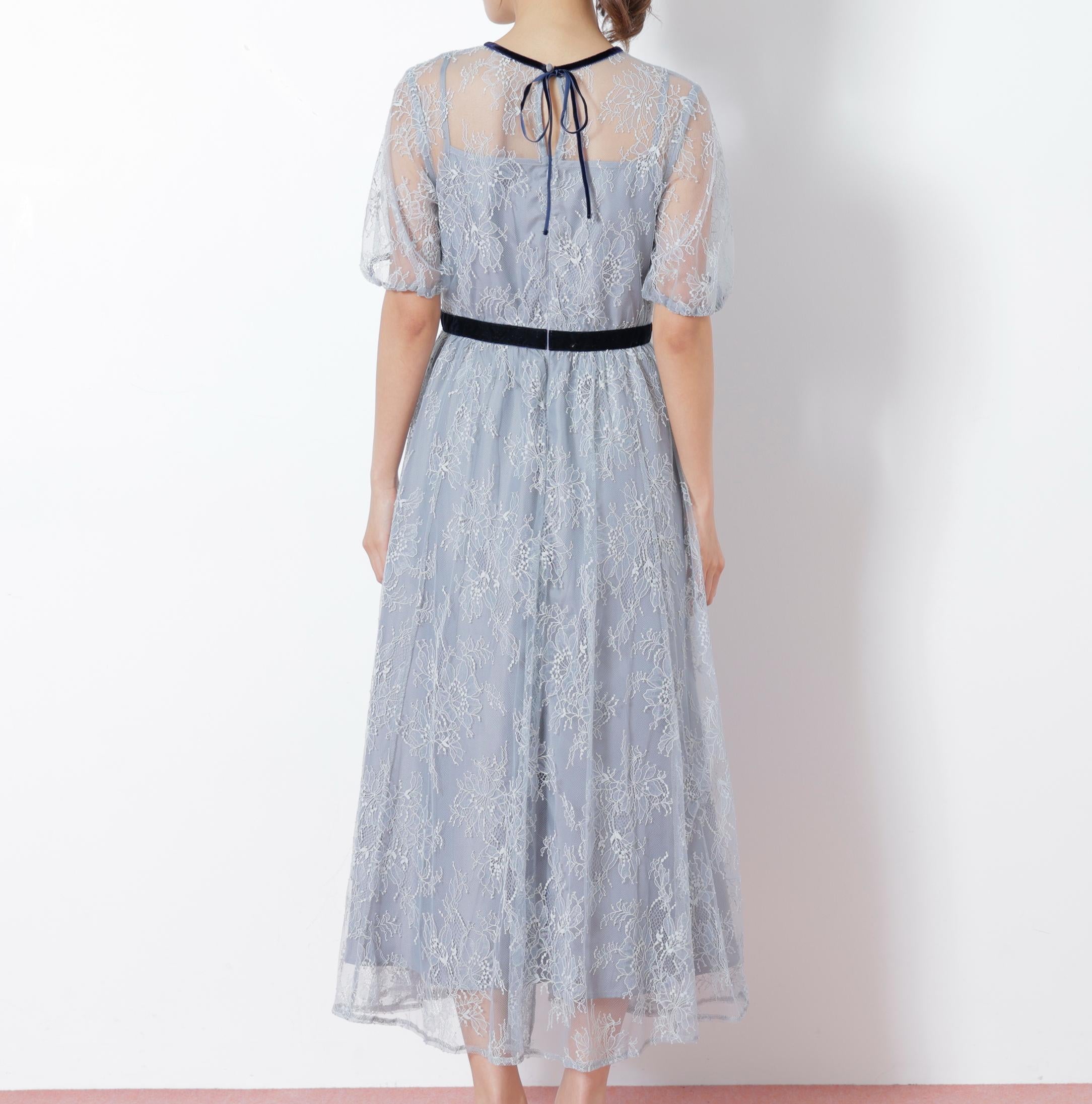 ベロアリボンシアーワンピース ブルー