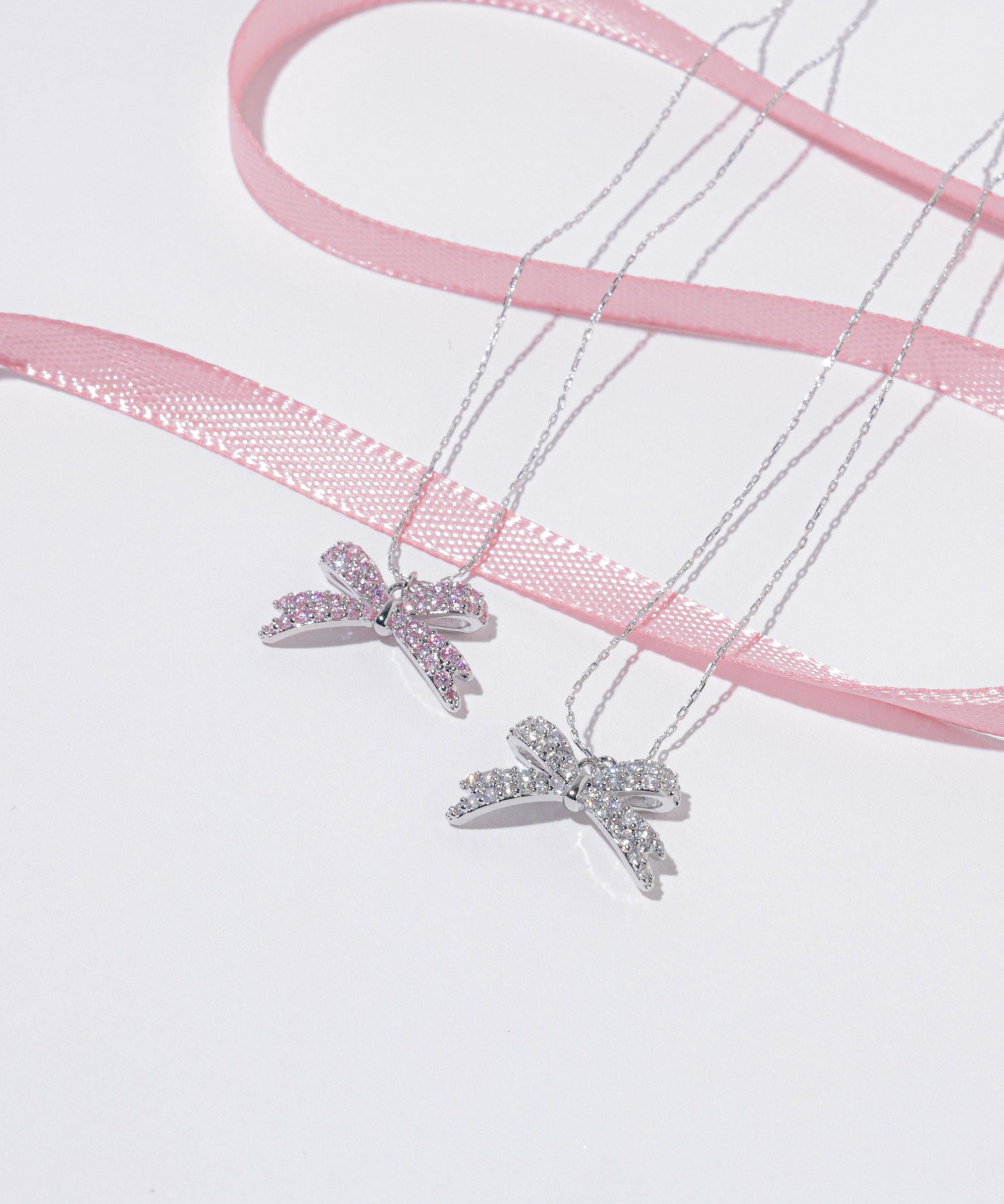 Cubic パヴェリボンネックレス ピンク