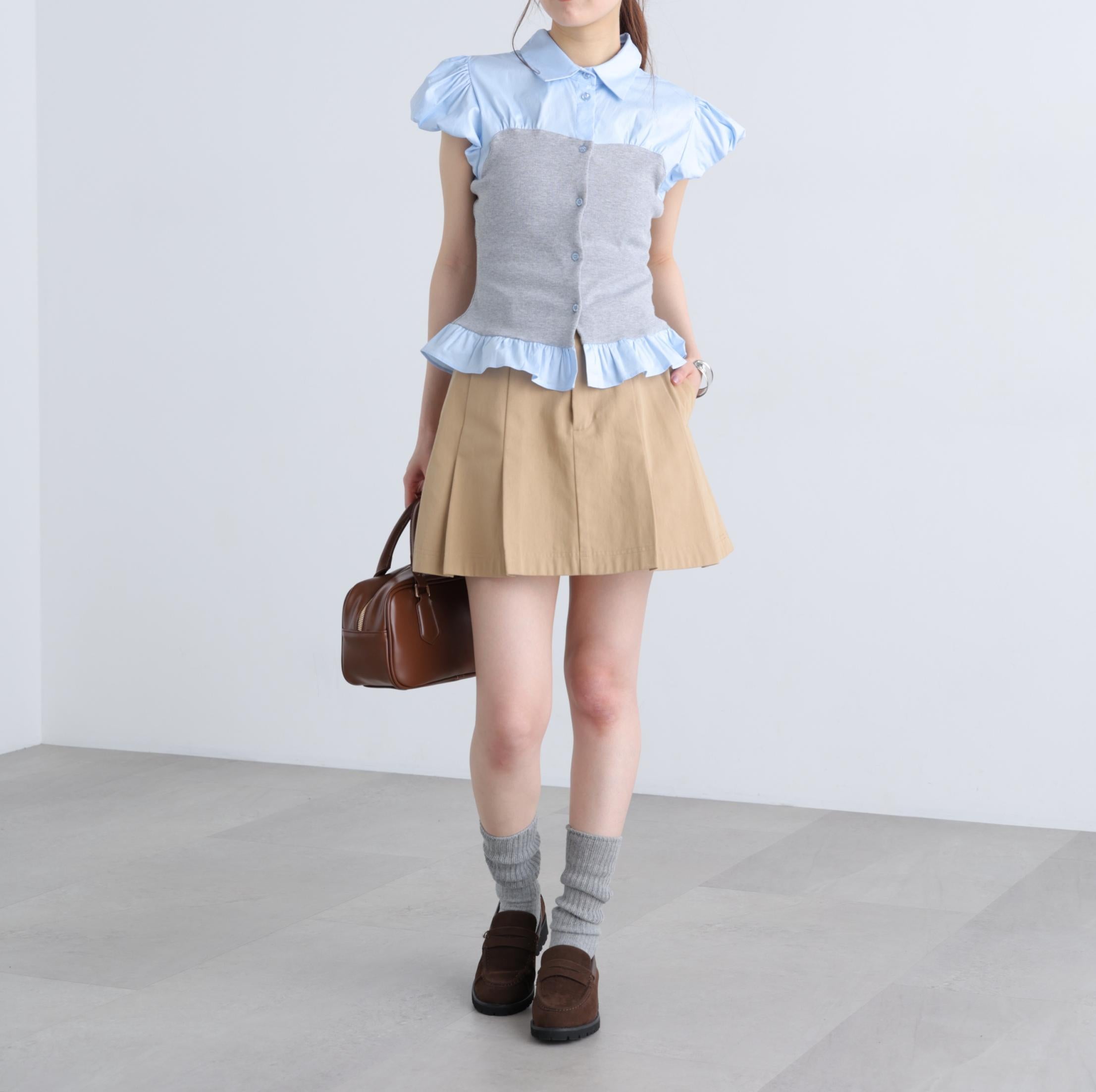 ビスチェドッキングパフスリーブ半袖ブラウス グレー