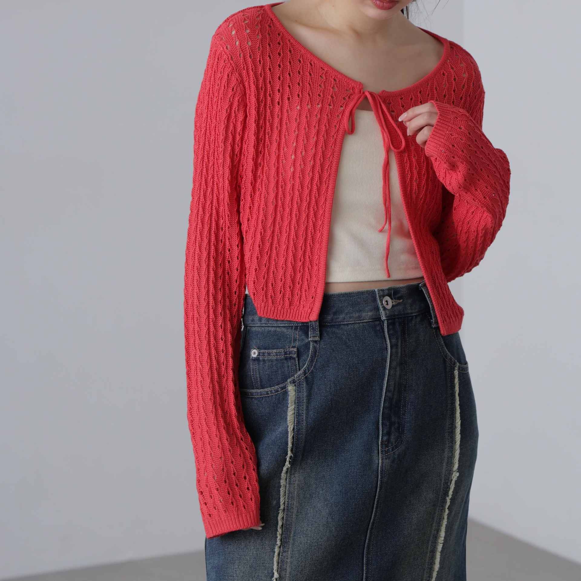 透かし編みリボンボレロ レッド