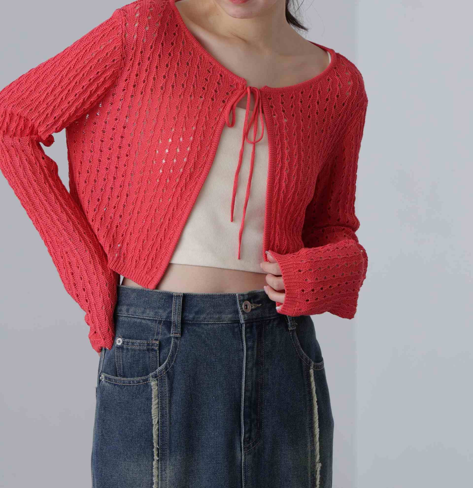 透かし編みリボンボレロ レッド