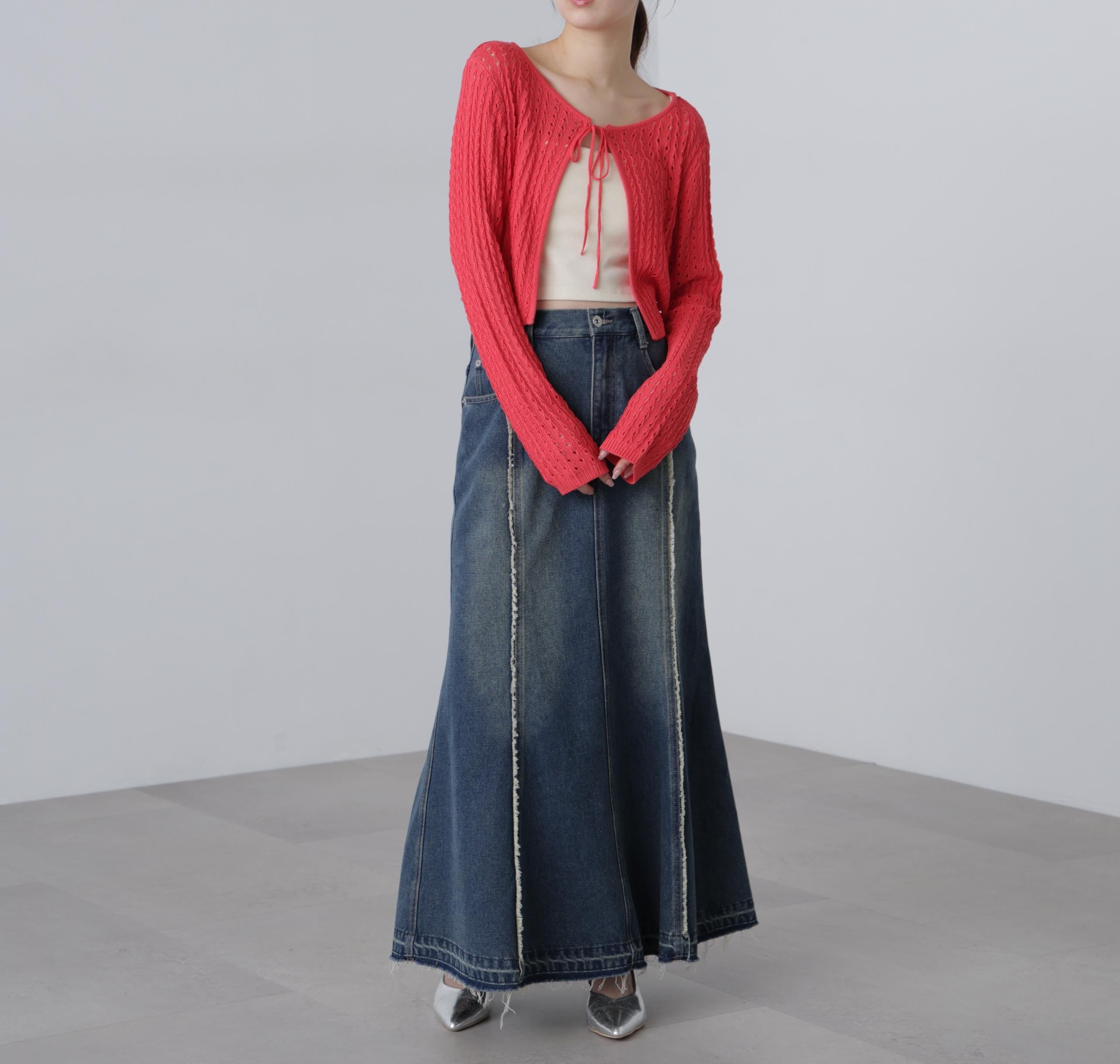 透かし編みリボンボレロ レッド