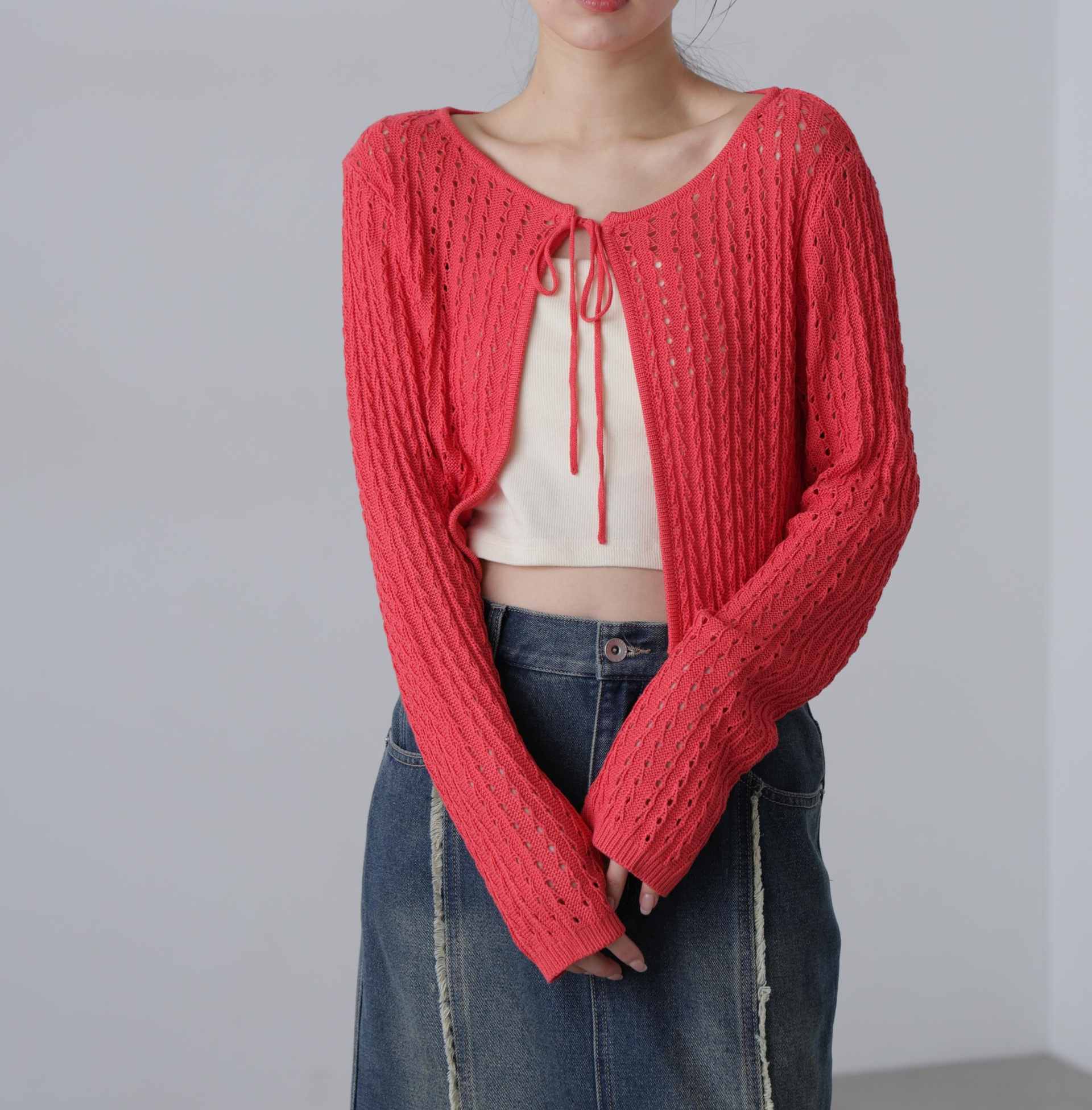 透かし編みリボンボレロ レッド