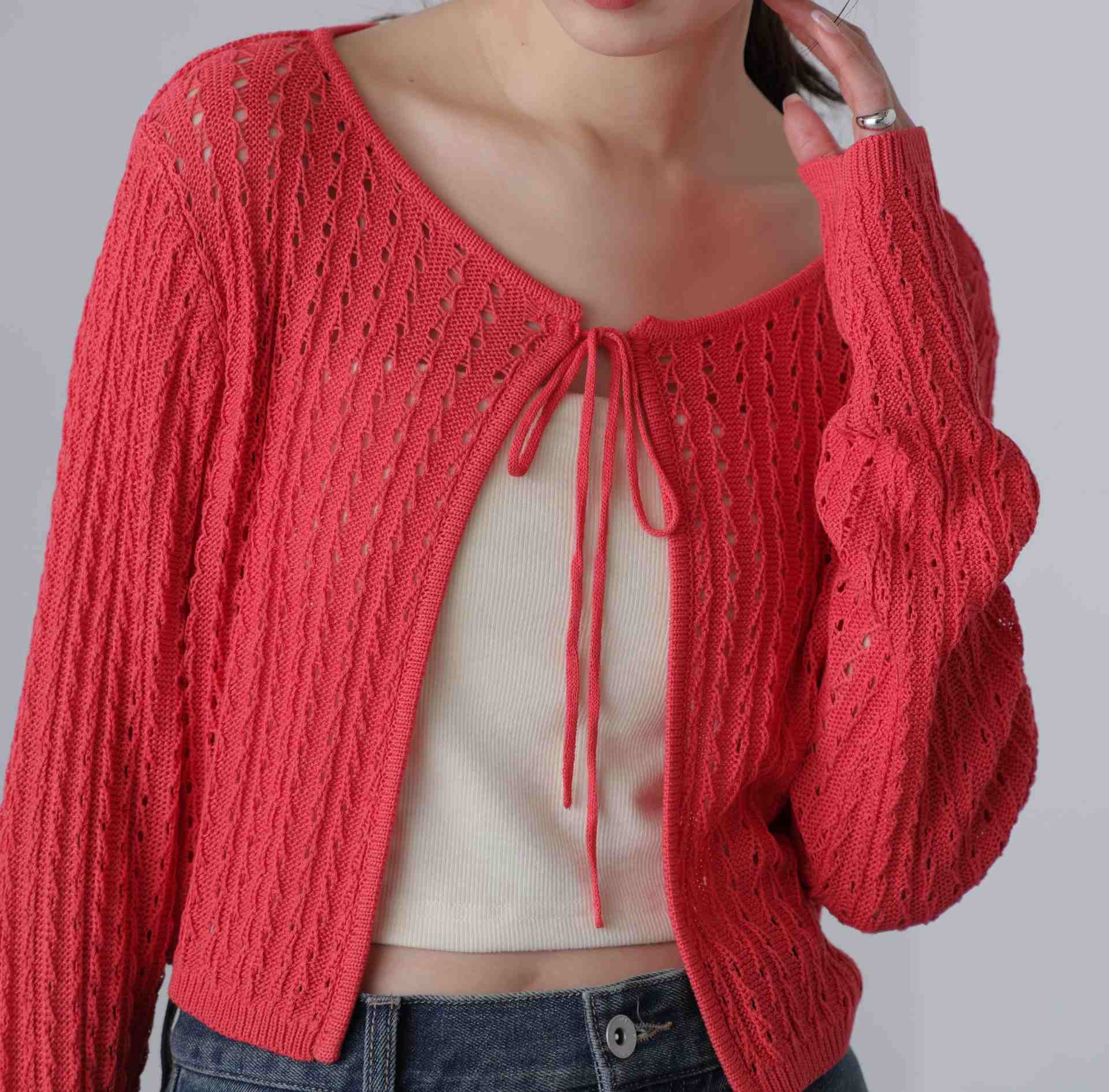 透かし編みリボンボレロ レッド