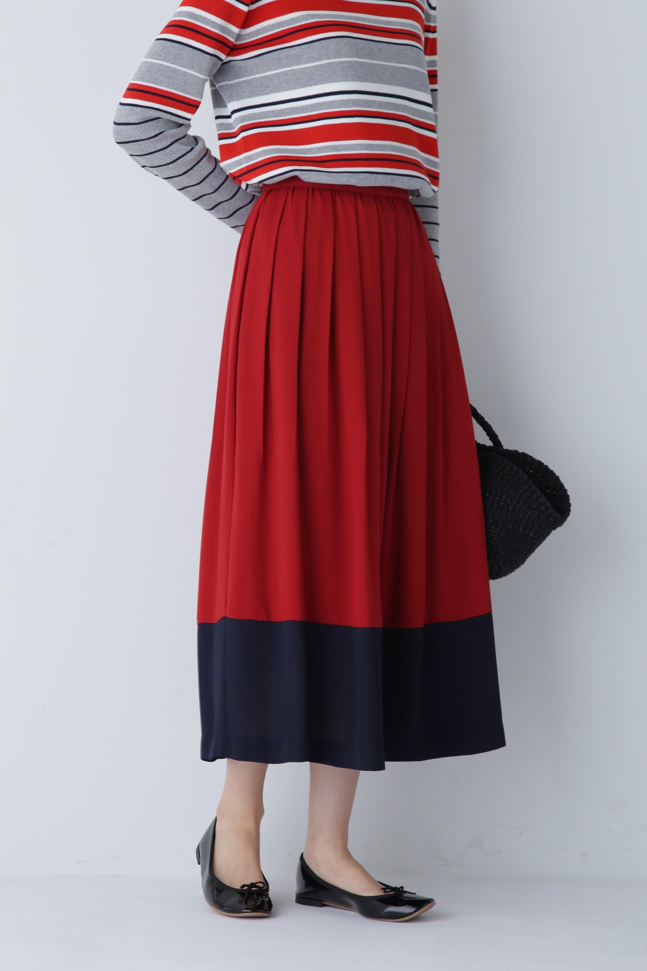 ◆バイカラープリーツスカート レッド×ネイビー