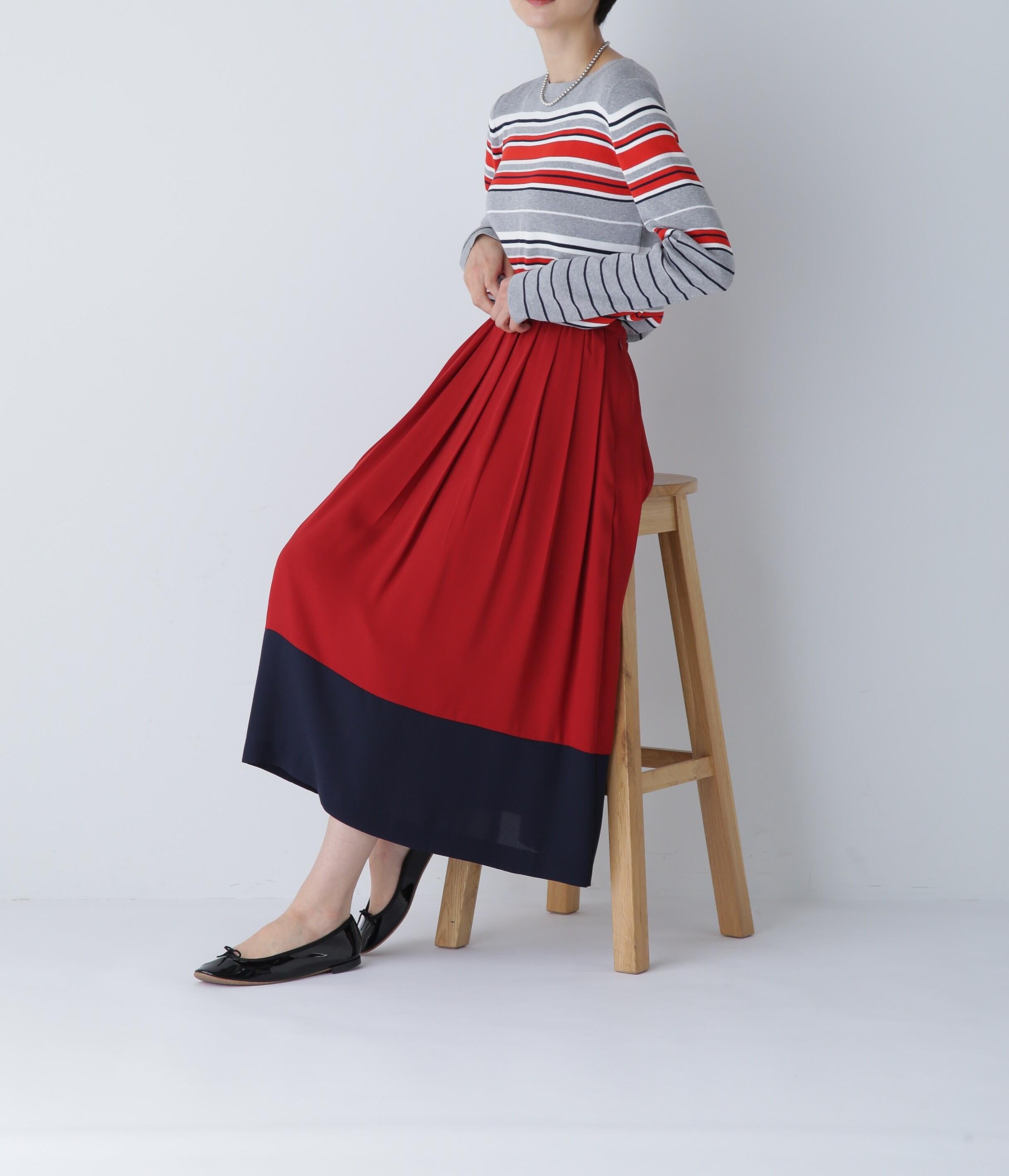 ◆バイカラープリーツスカート レッド×ネイビー