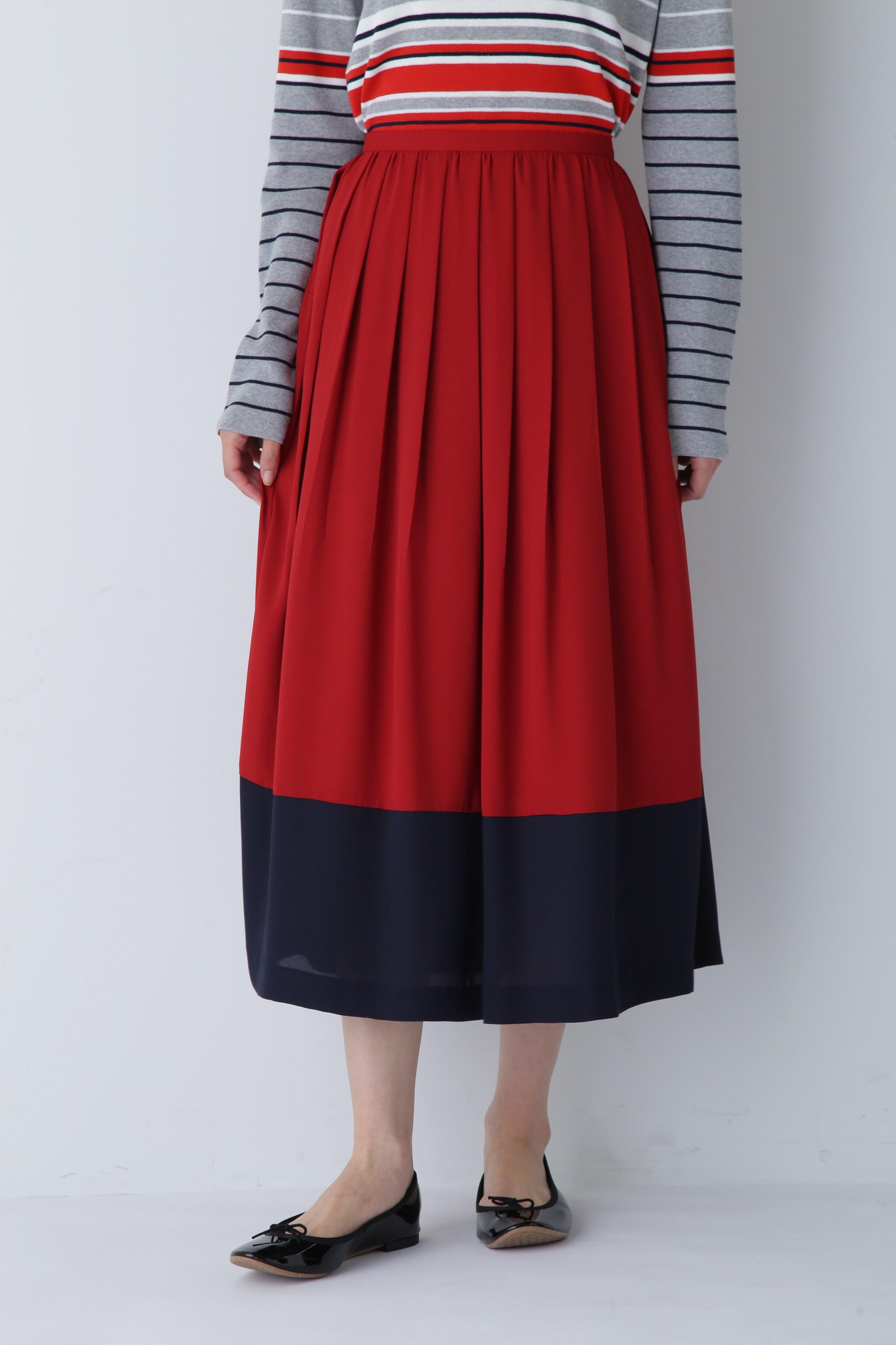 ◆バイカラープリーツスカート レッド×ネイビー