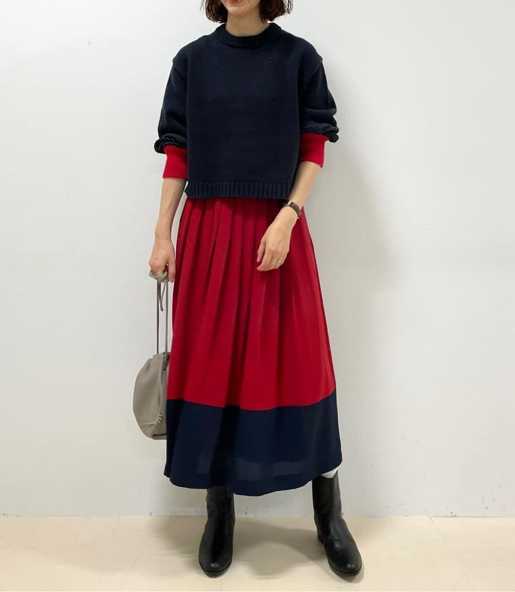 ◆バイカラープリーツスカート レッド×ネイビー