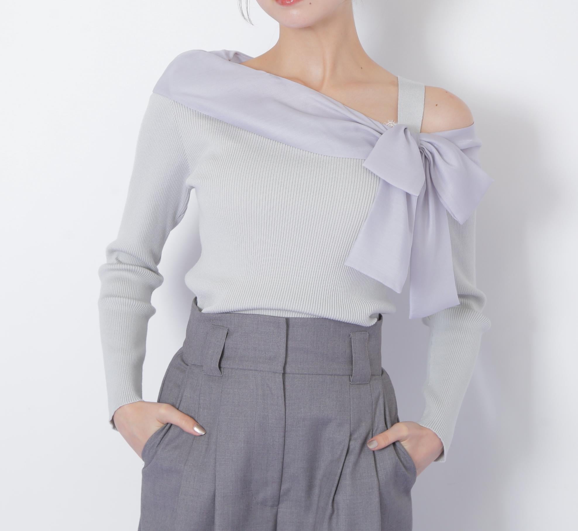 アシメリボンニット ブルー