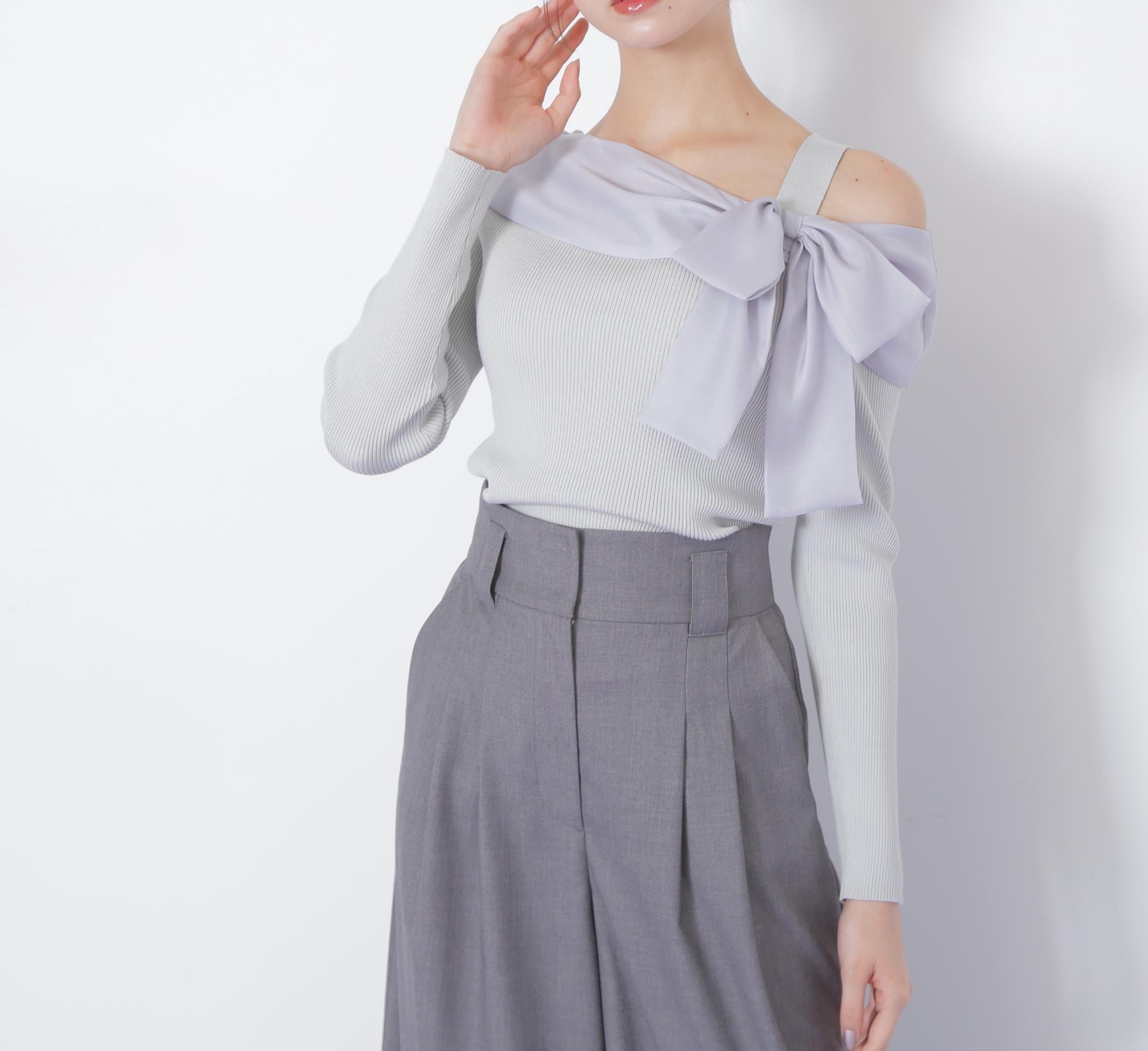 アシメリボンニット ブルー