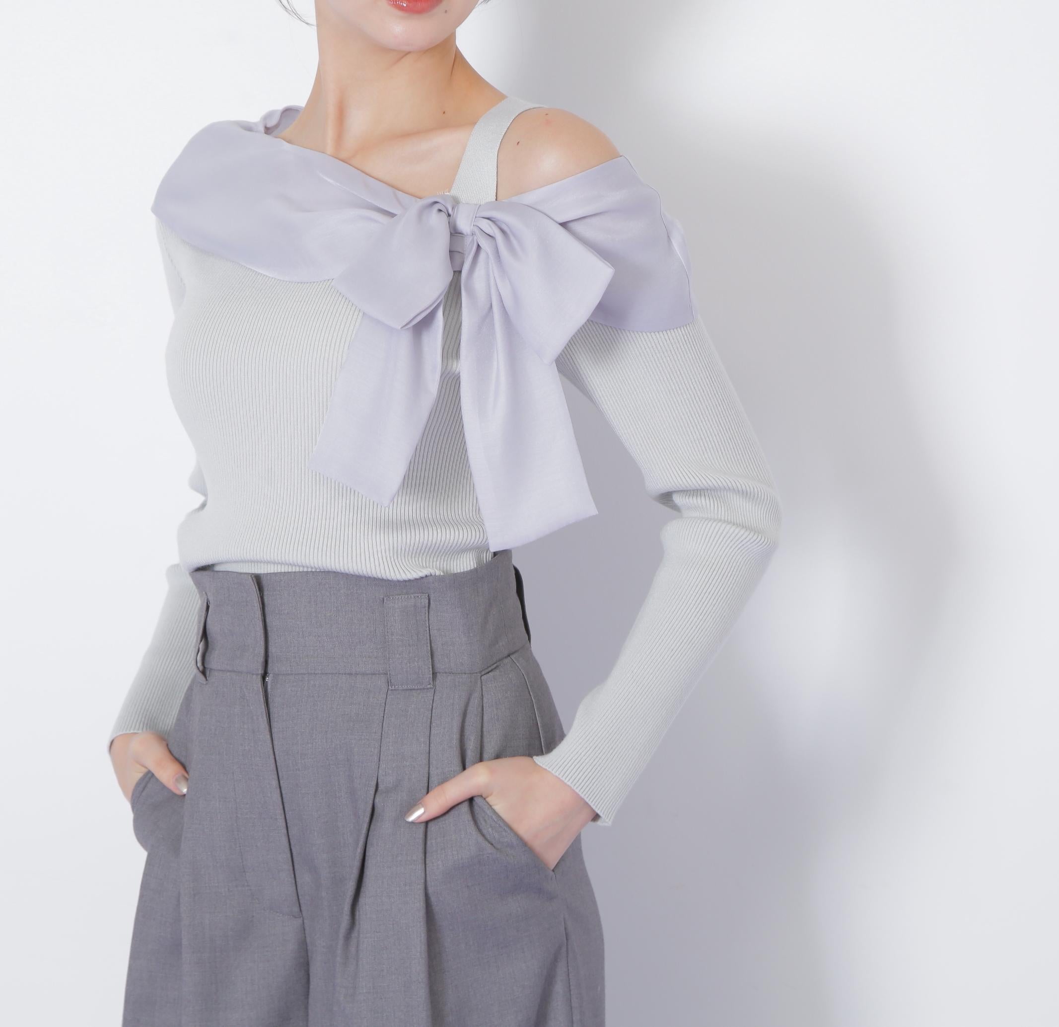 アシメリボンニット ブルー