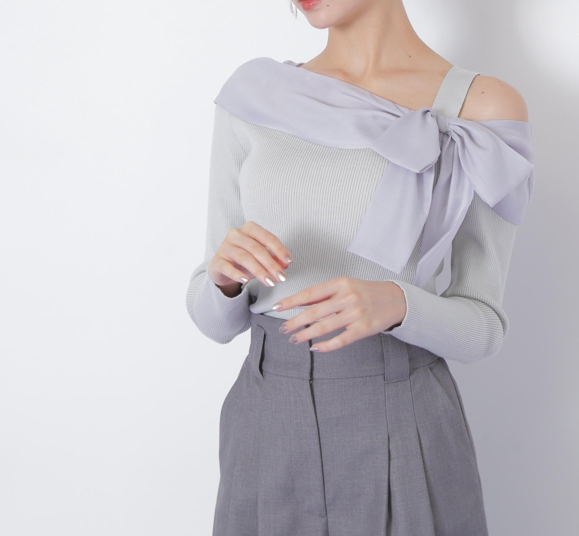 アシメリボンニット ブルー