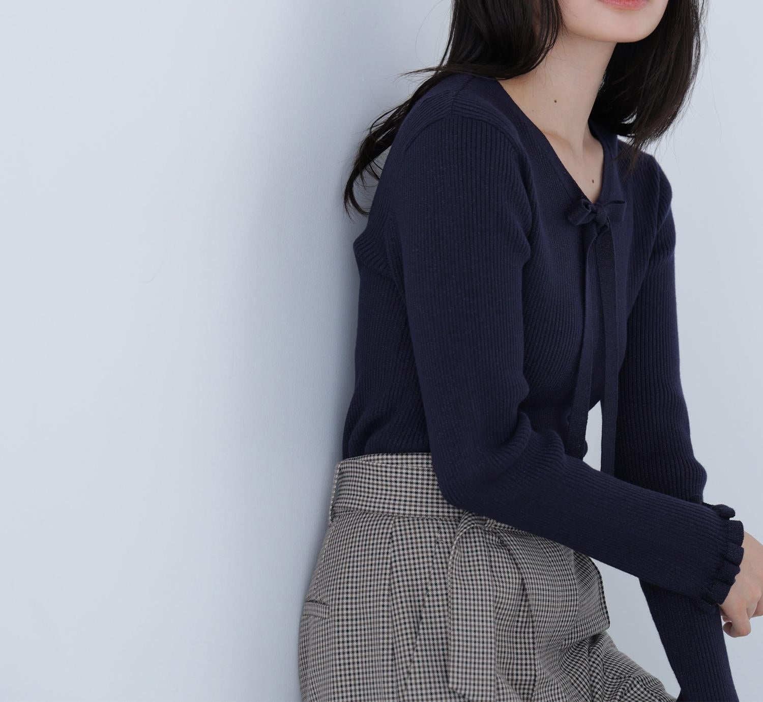 ラメリブボウタイニット ネイビー