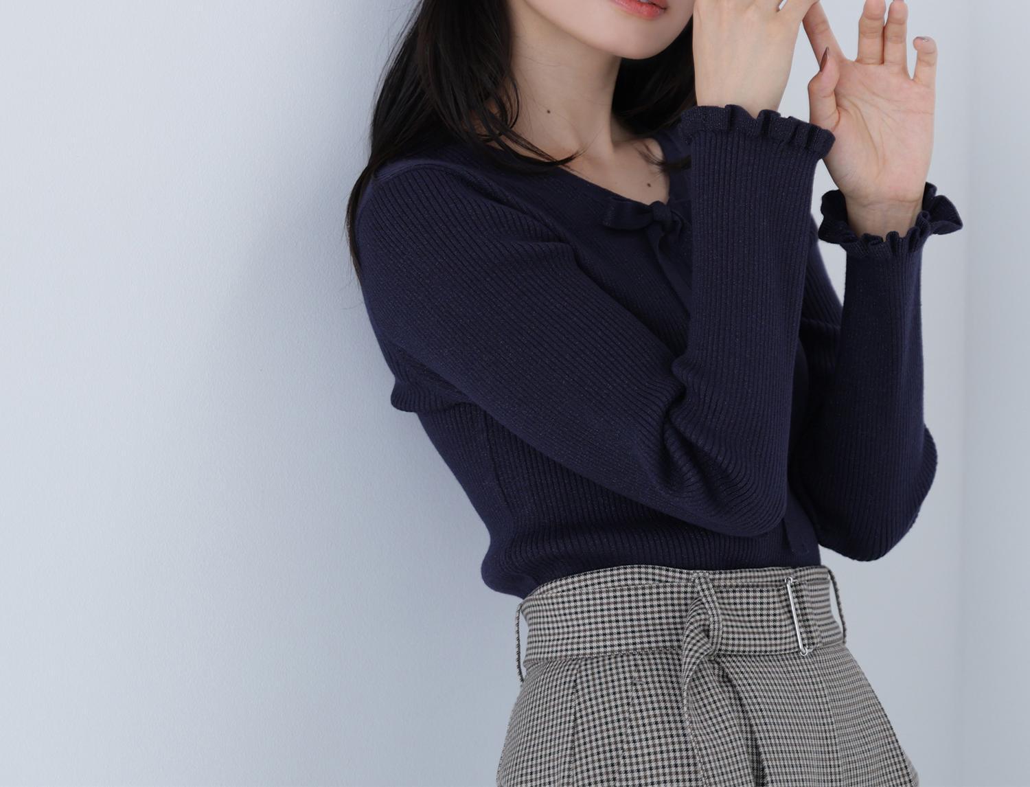 ラメリブボウタイニット ネイビー