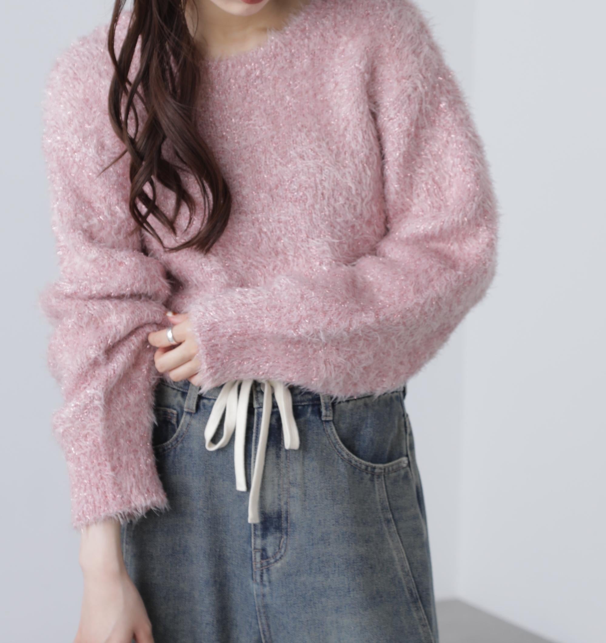 ラメフェザープルオーバーニット ピンク