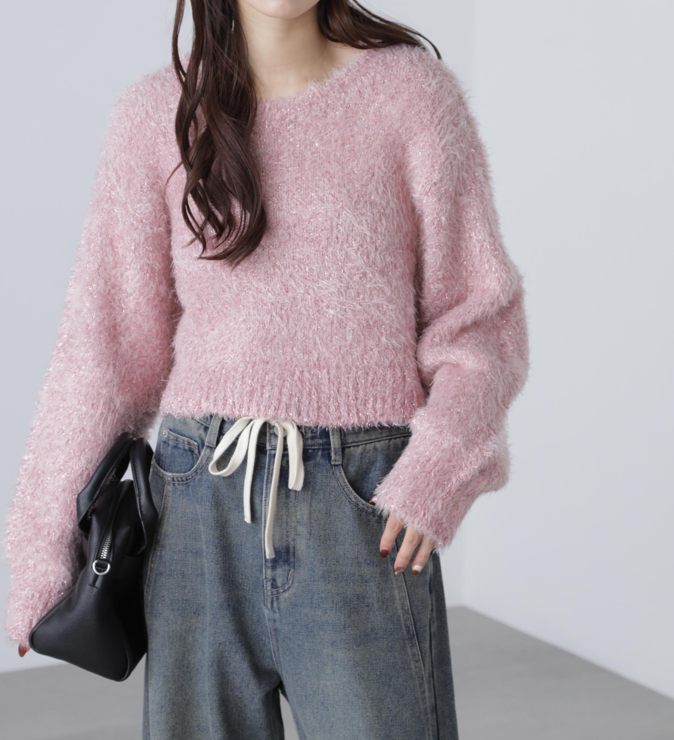 ラメフェザープルオーバーニット ピンク