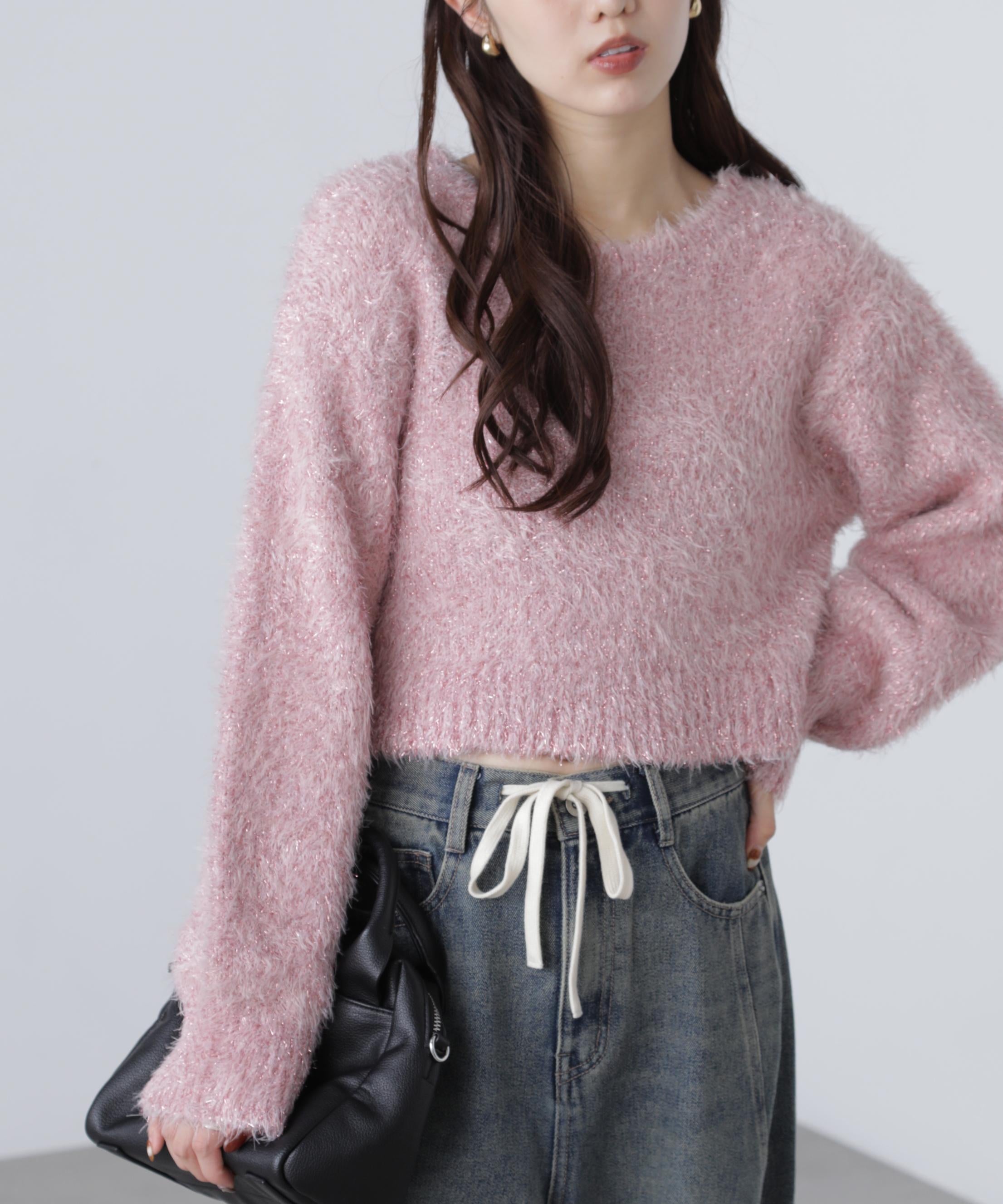 ラメフェザープルオーバーニット ピンク