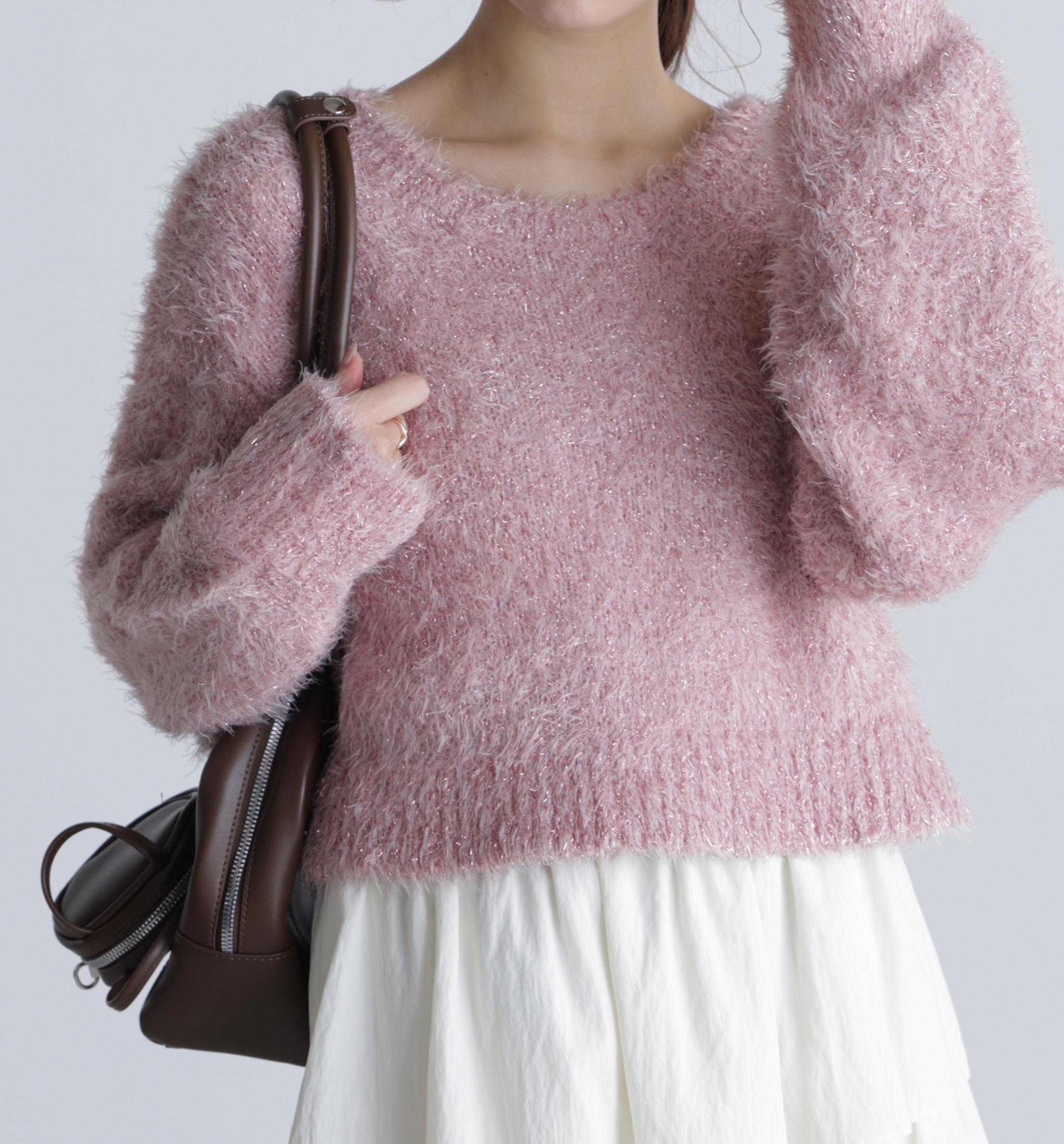 ラメフェザープルオーバーニット ピンク