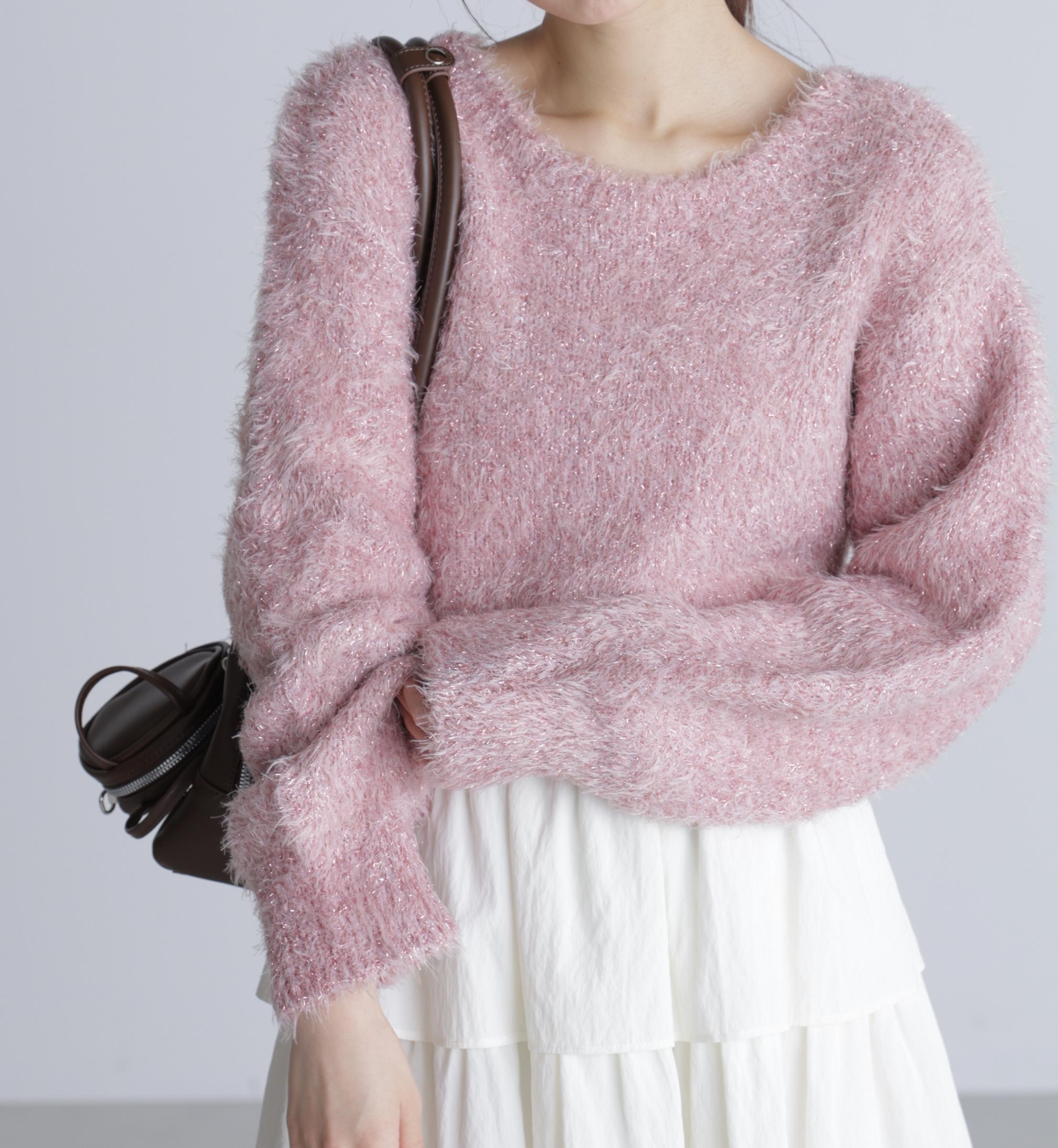 ラメフェザープルオーバーニット ピンク