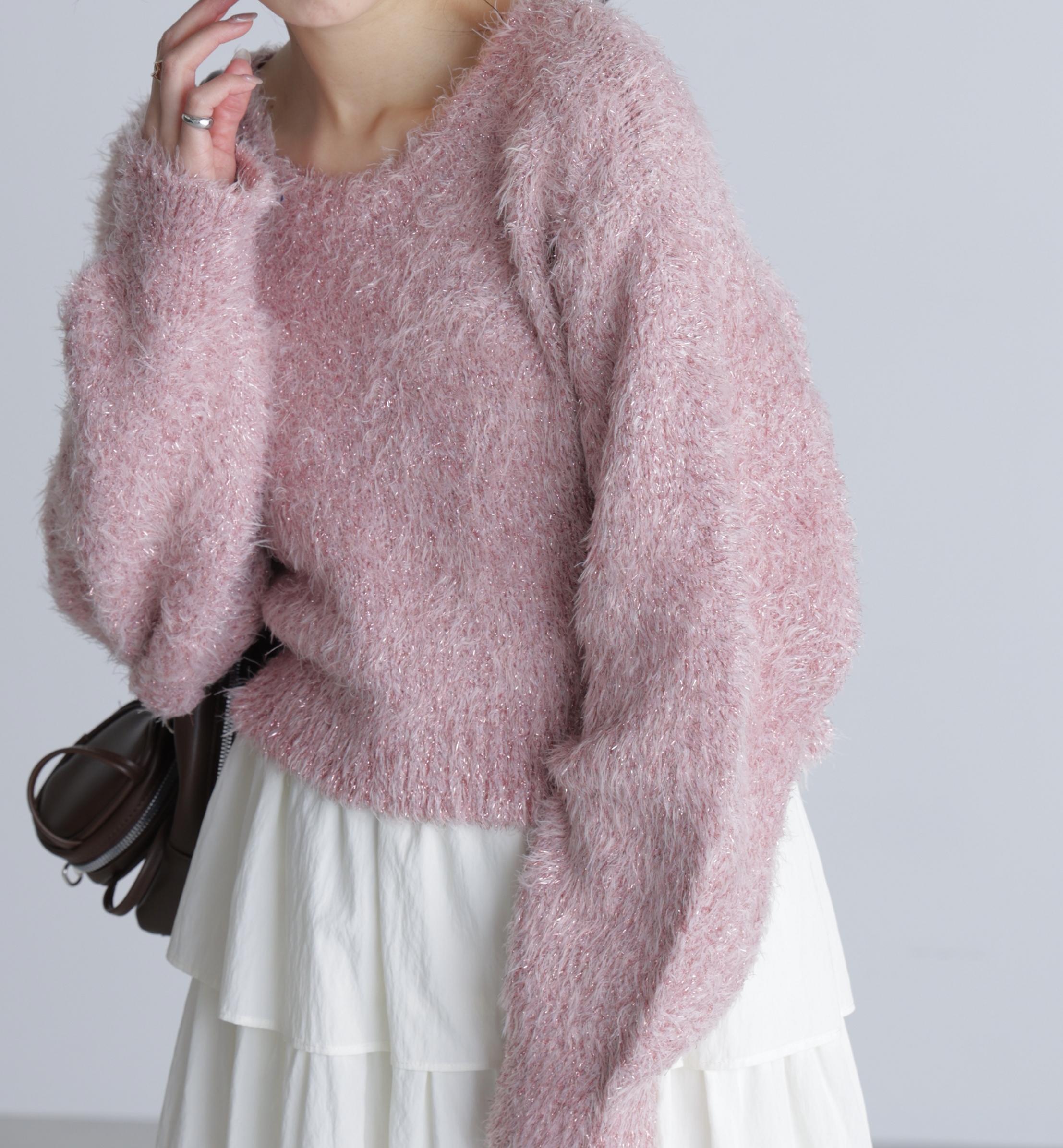 ラメフェザープルオーバーニット ピンク