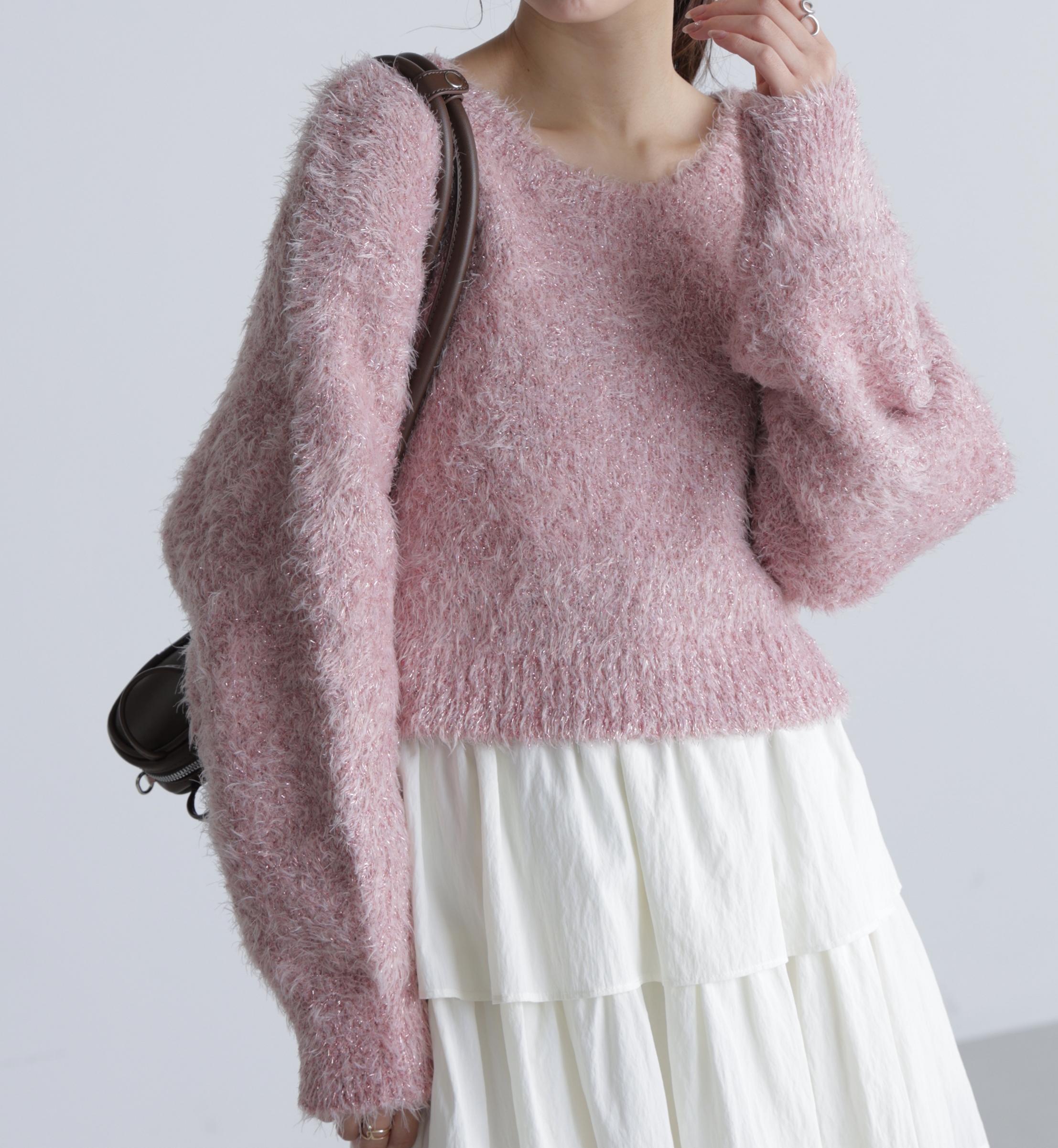 ラメフェザープルオーバーニット ピンク