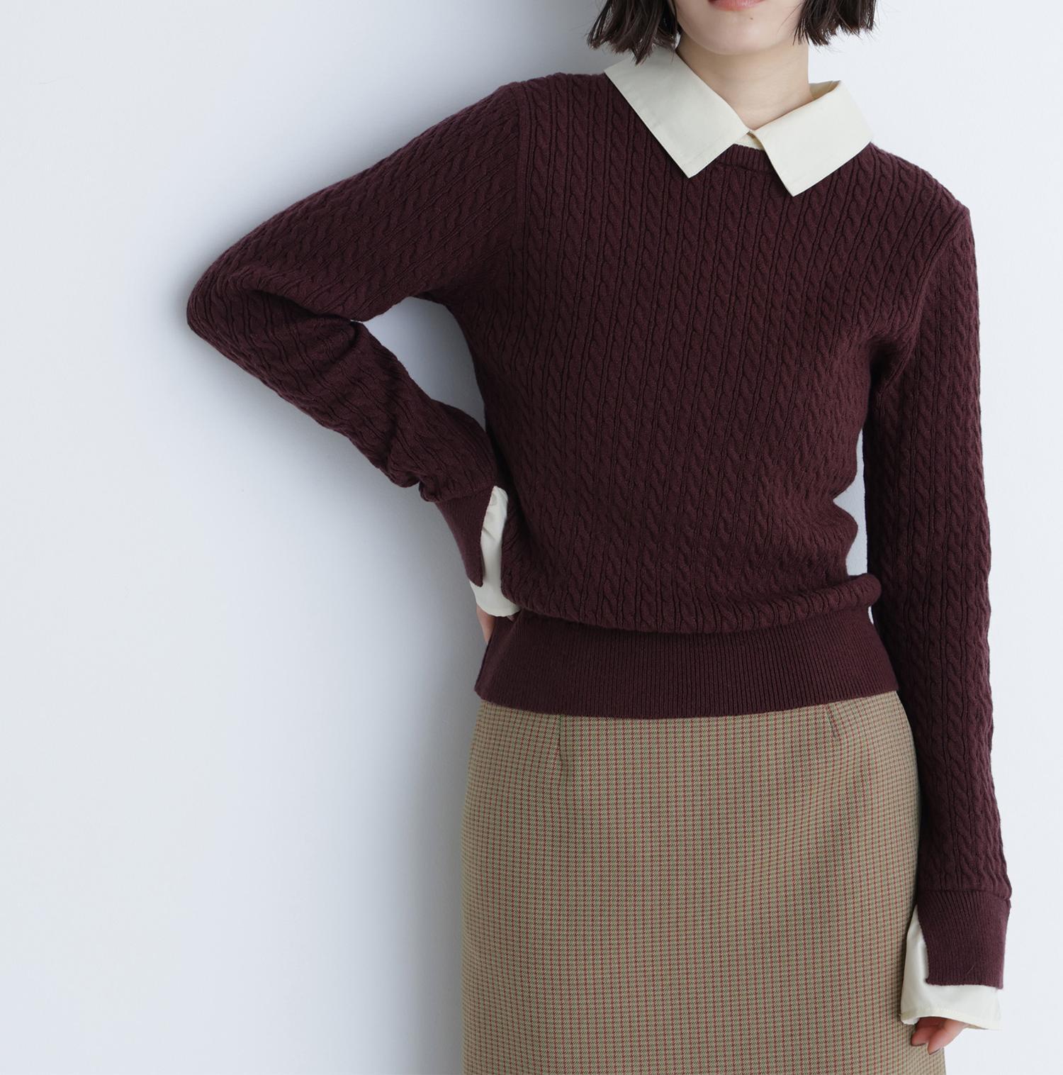 シャツカラードッキングケーブルニット ブラウン×イエロー2