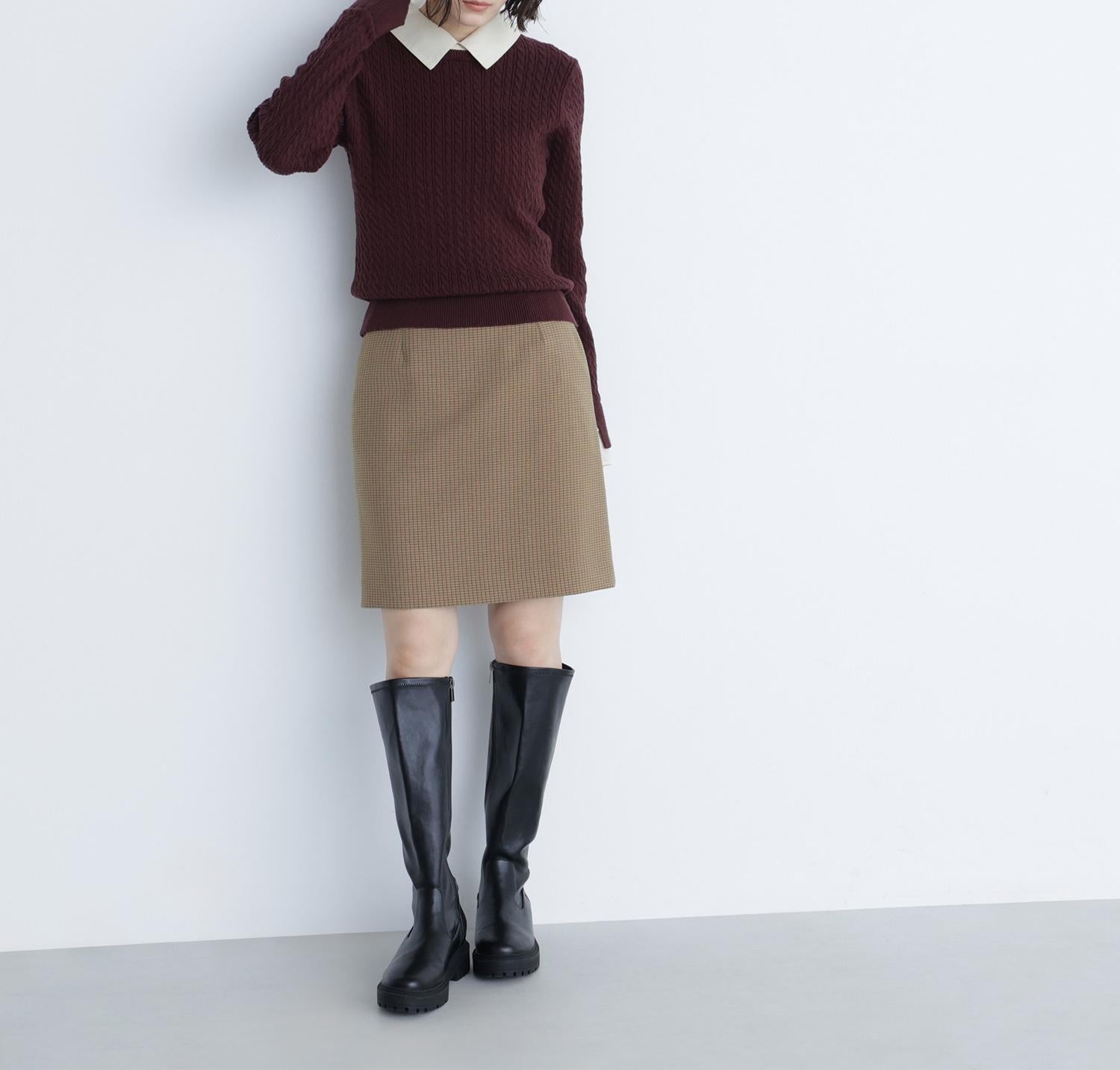 シャツカラードッキングケーブルニット ブラウン×イエロー2