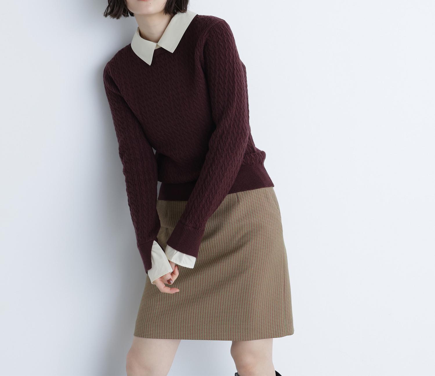 シャツカラードッキングケーブルニット ブラウン×イエロー2