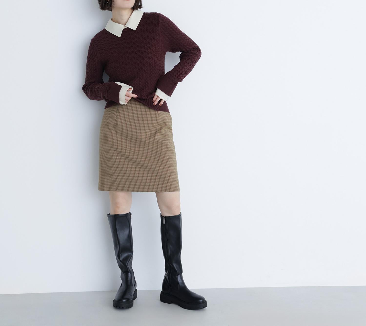 シャツカラードッキングケーブルニット ブラウン×イエロー2