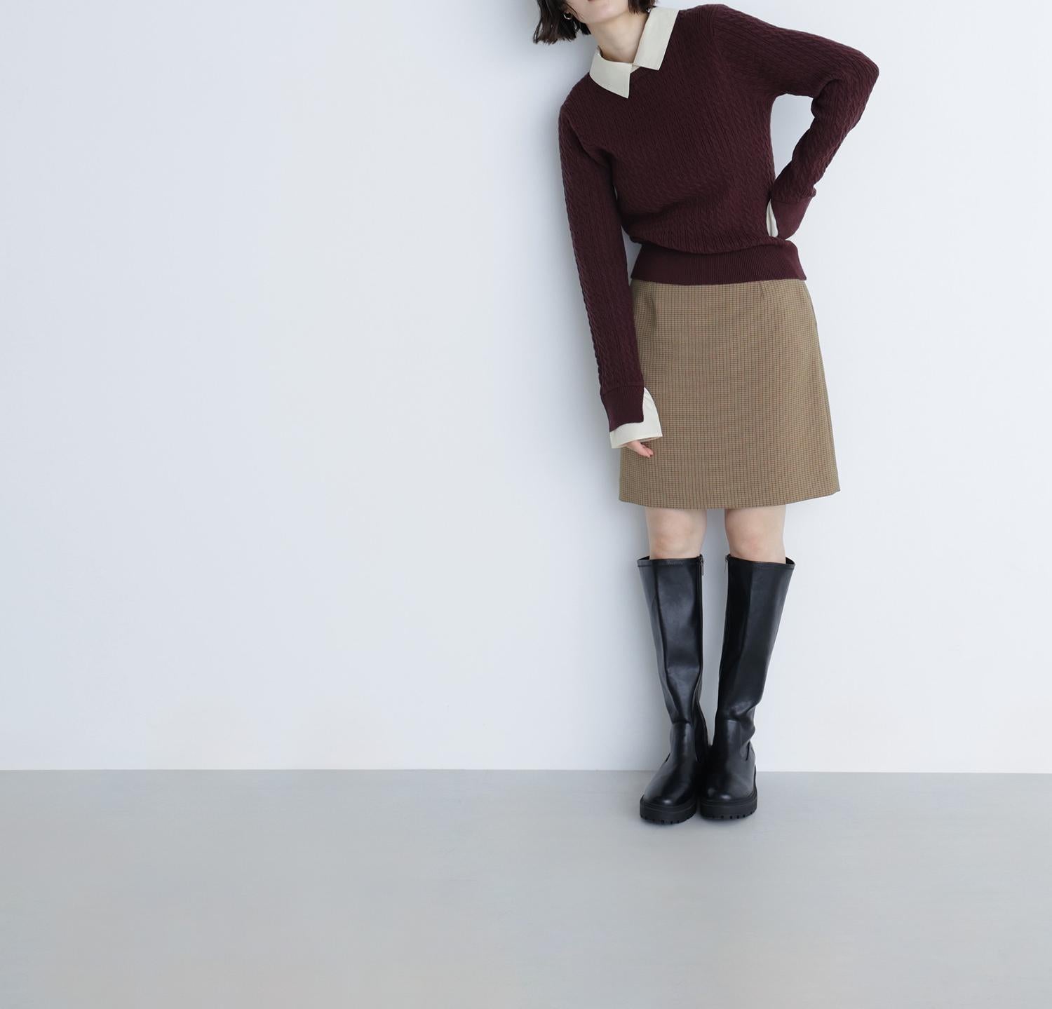 シャツカラードッキングケーブルニット ブラウン×イエロー2