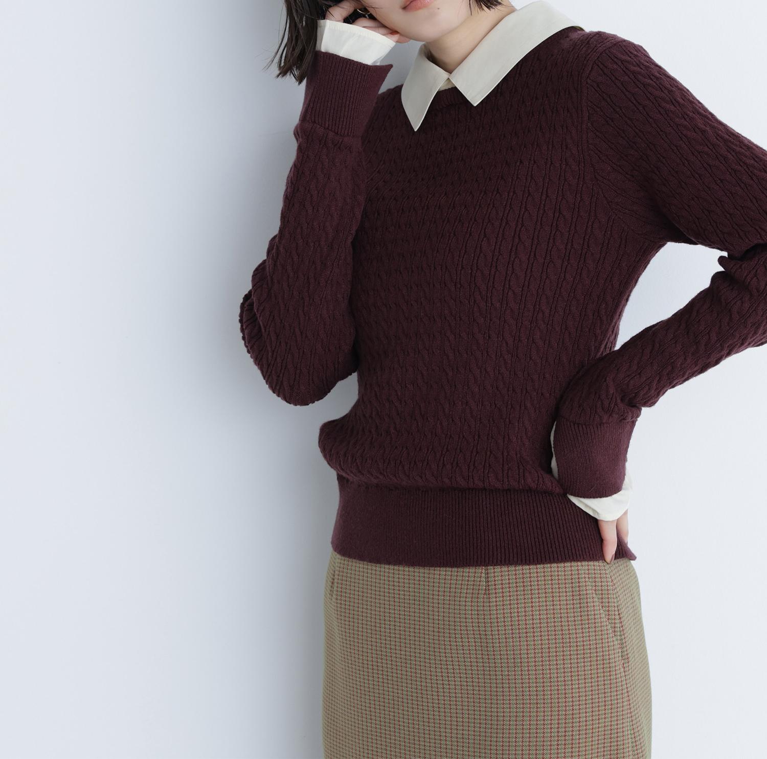 シャツカラードッキングケーブルニット ブラウン×イエロー2