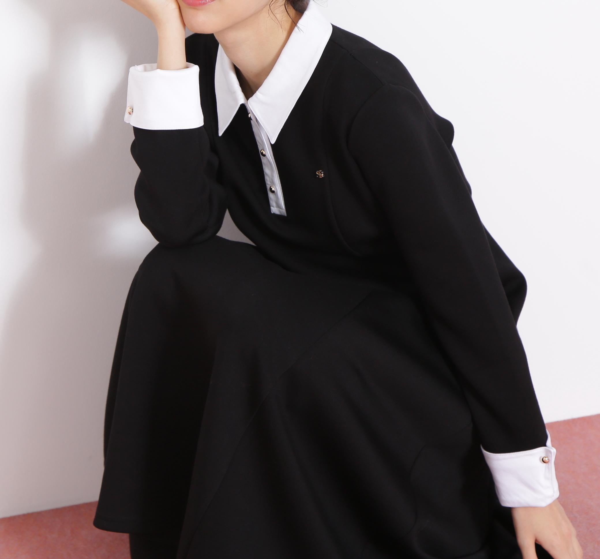 ポロ衿カットソーフレアワンピース ブラック