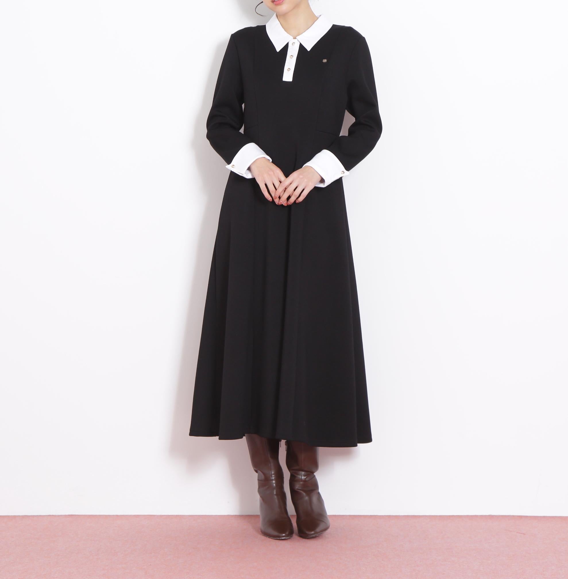 ポロ衿カットソーフレアワンピース ブラック