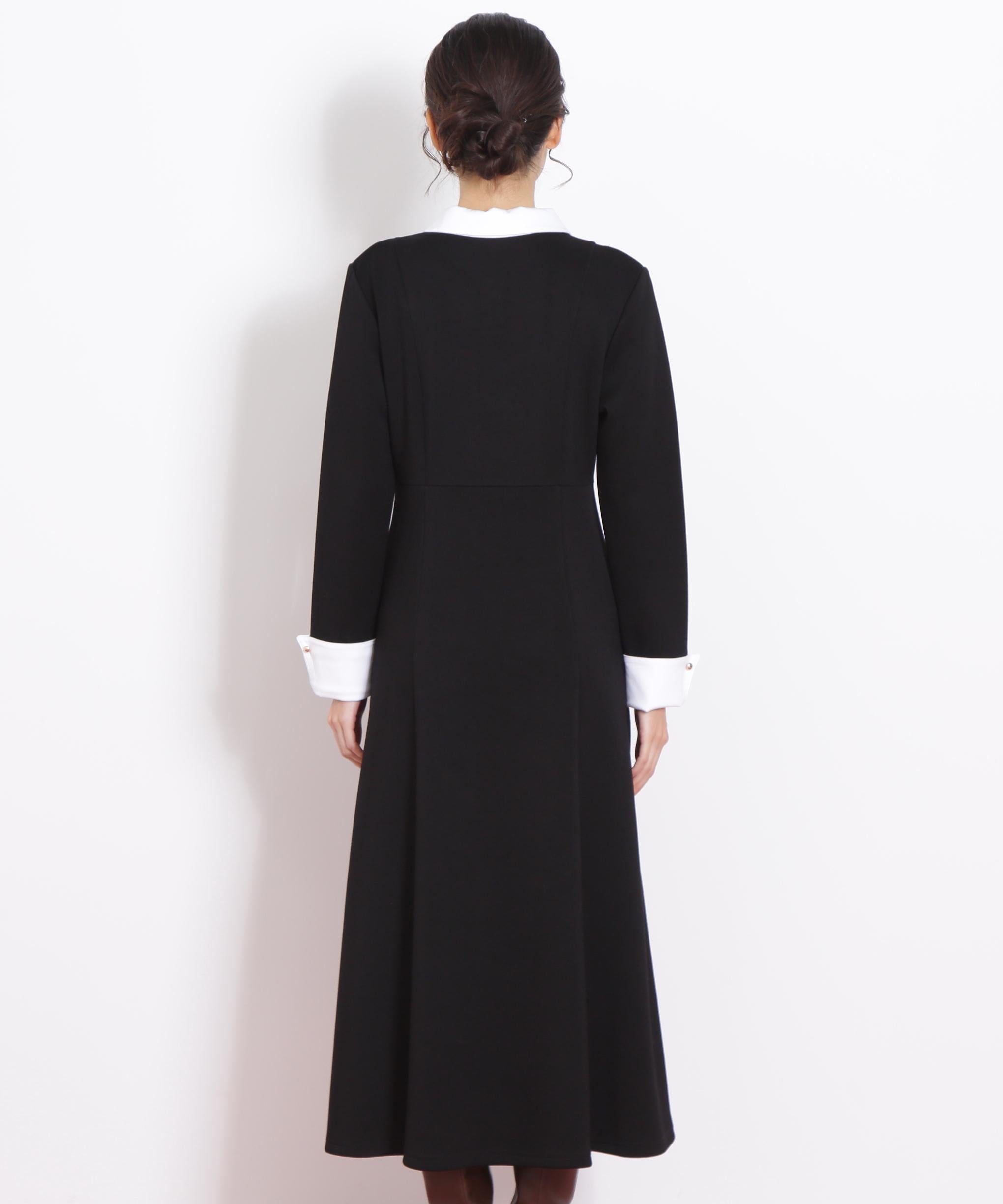 ポロ衿カットソーフレアワンピース ブラック