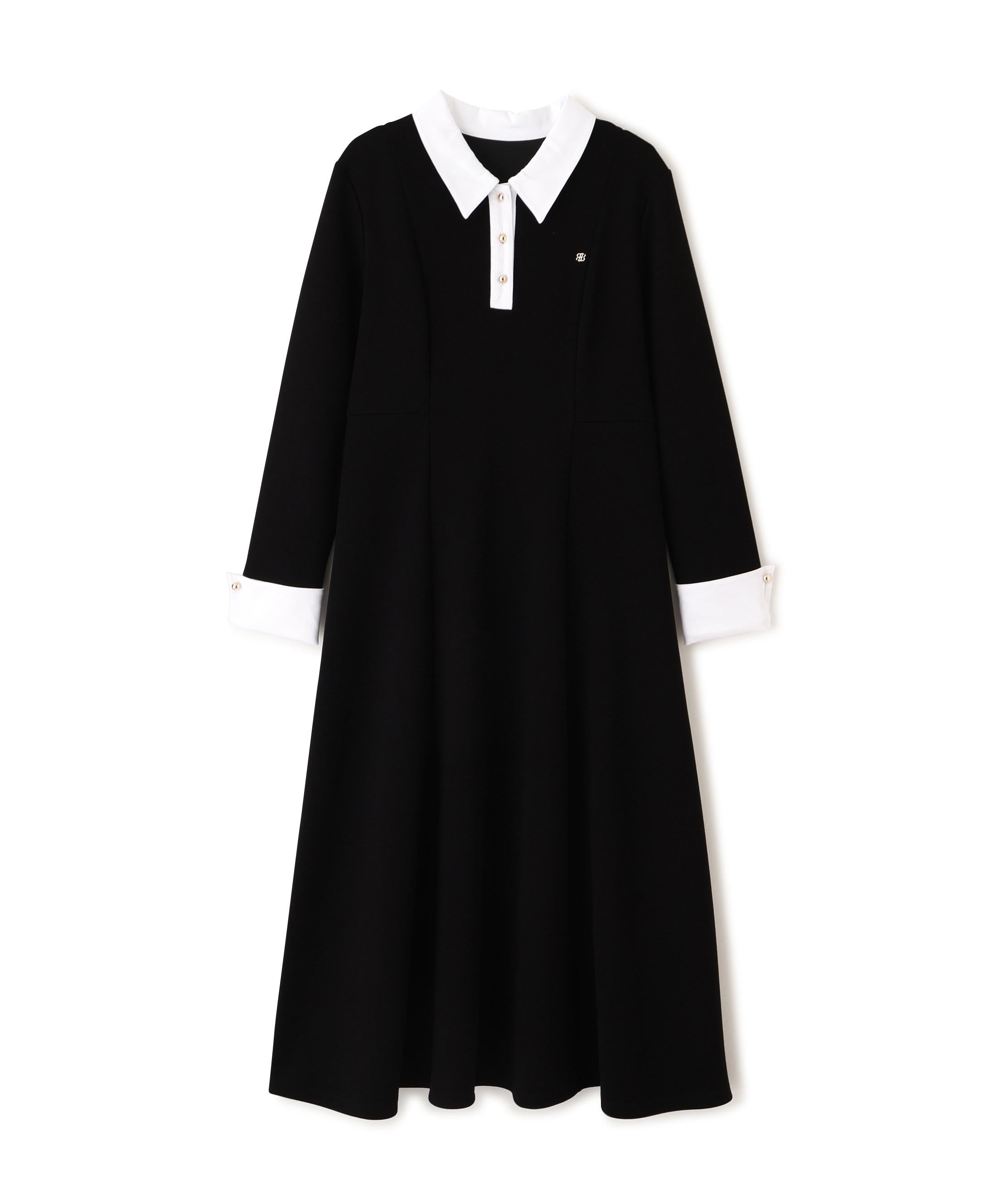 ポロ衿カットソーフレアワンピース ブラック