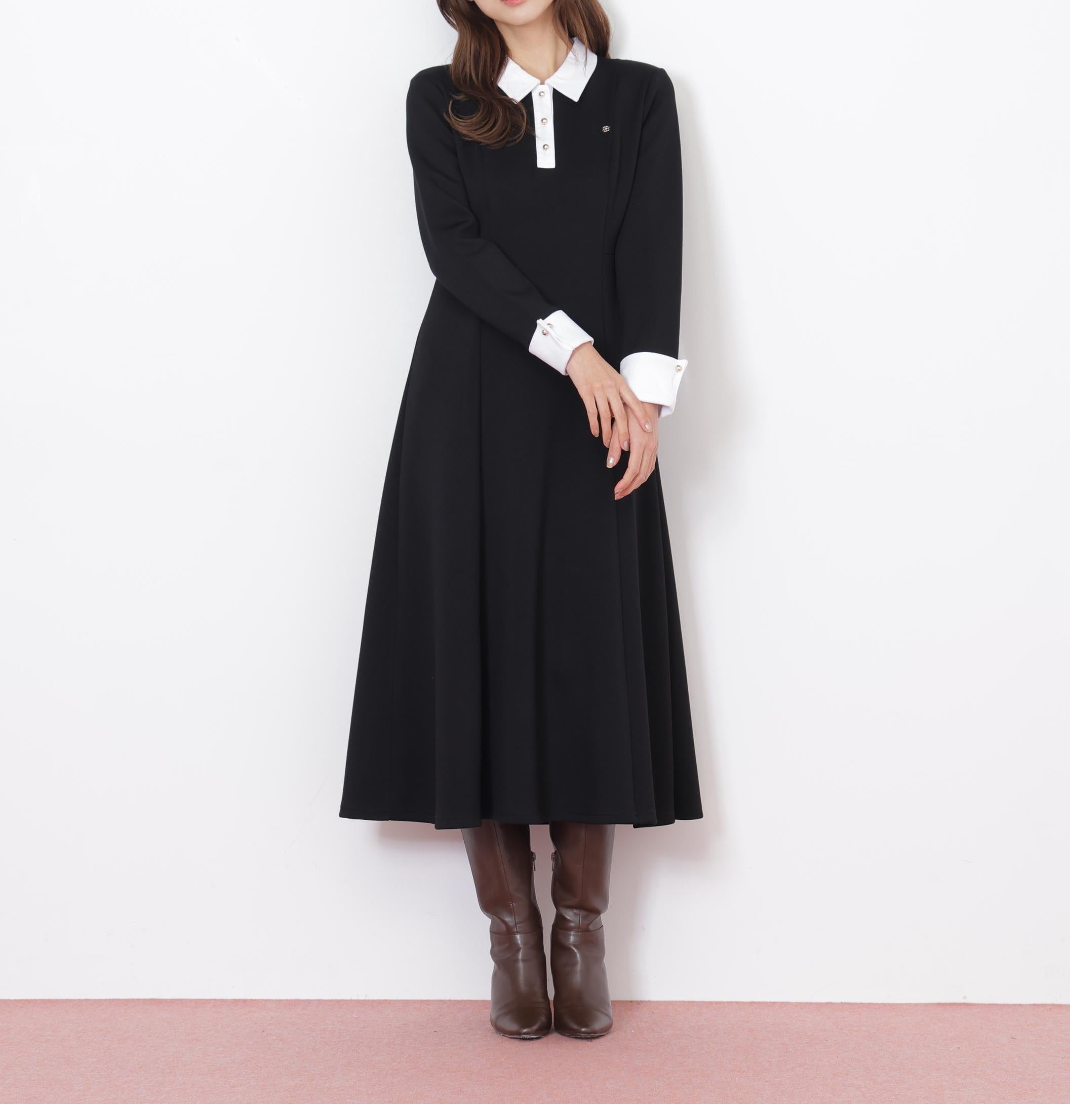 ポロ衿カットソーフレアワンピース ブラック