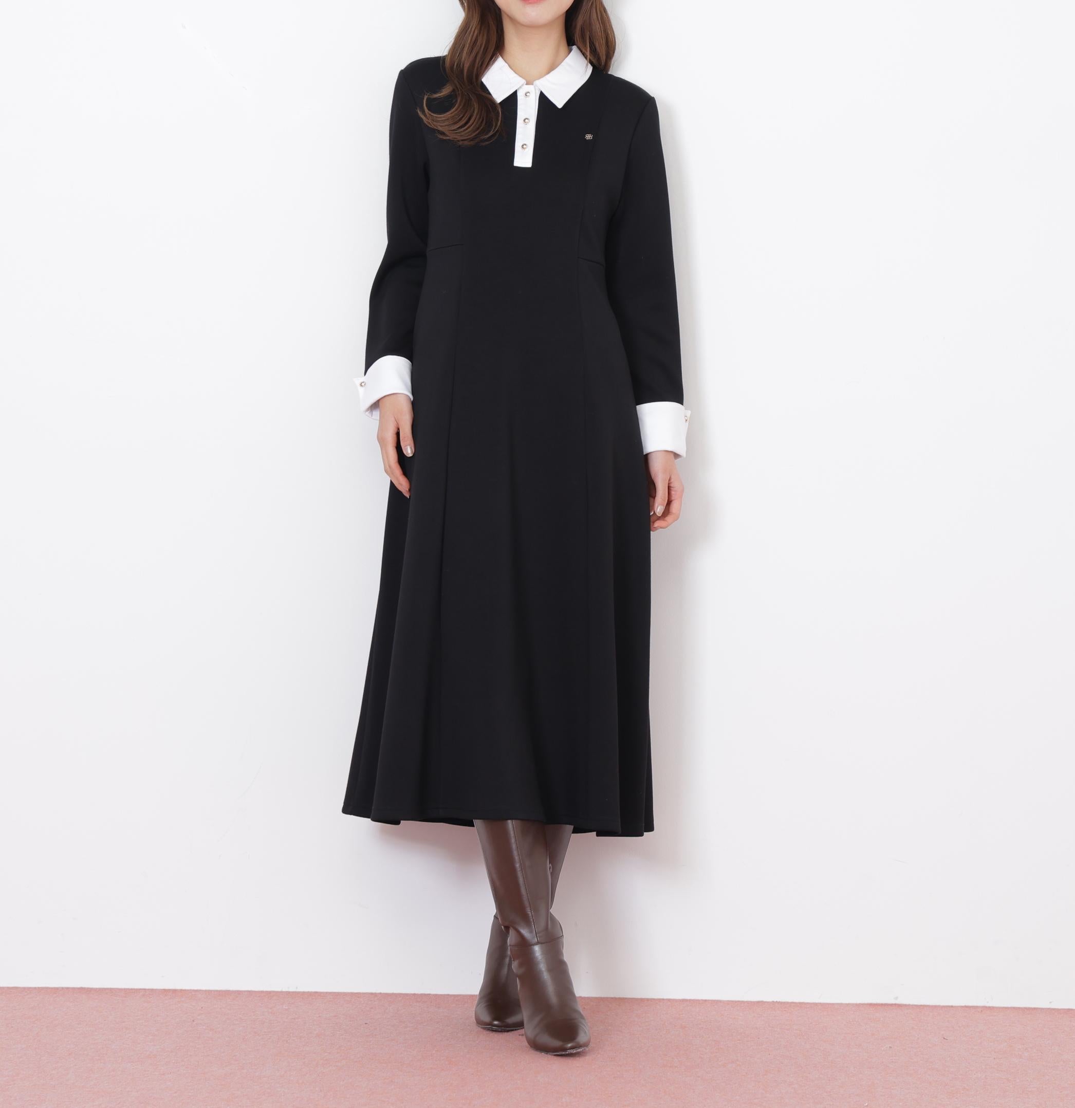 ポロ衿カットソーフレアワンピース ブラック
