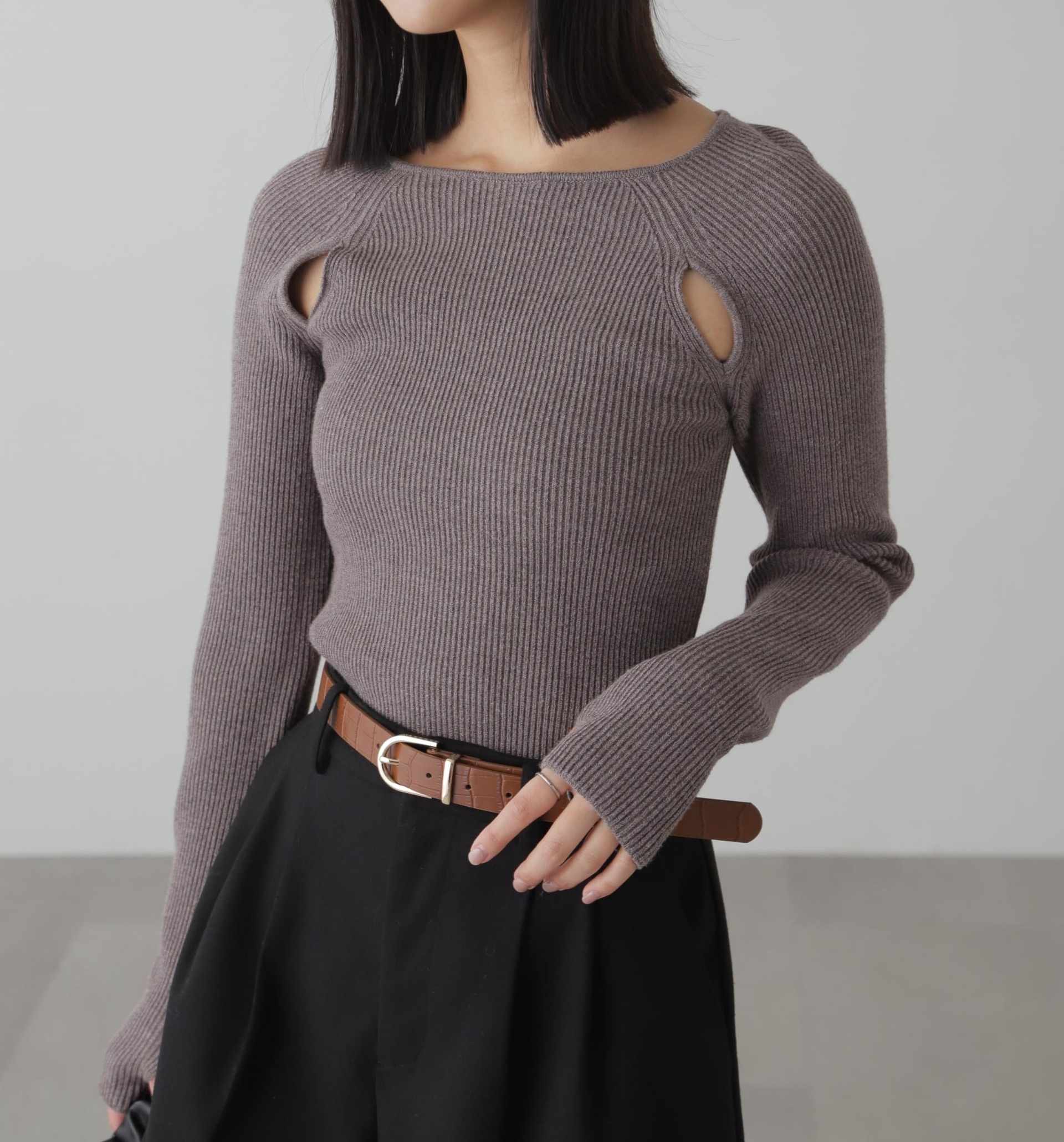 クルーネックカッティングニット グレー