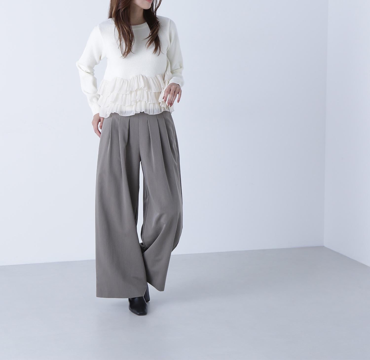 ウエストラインタックワイドパンツ ブラウン