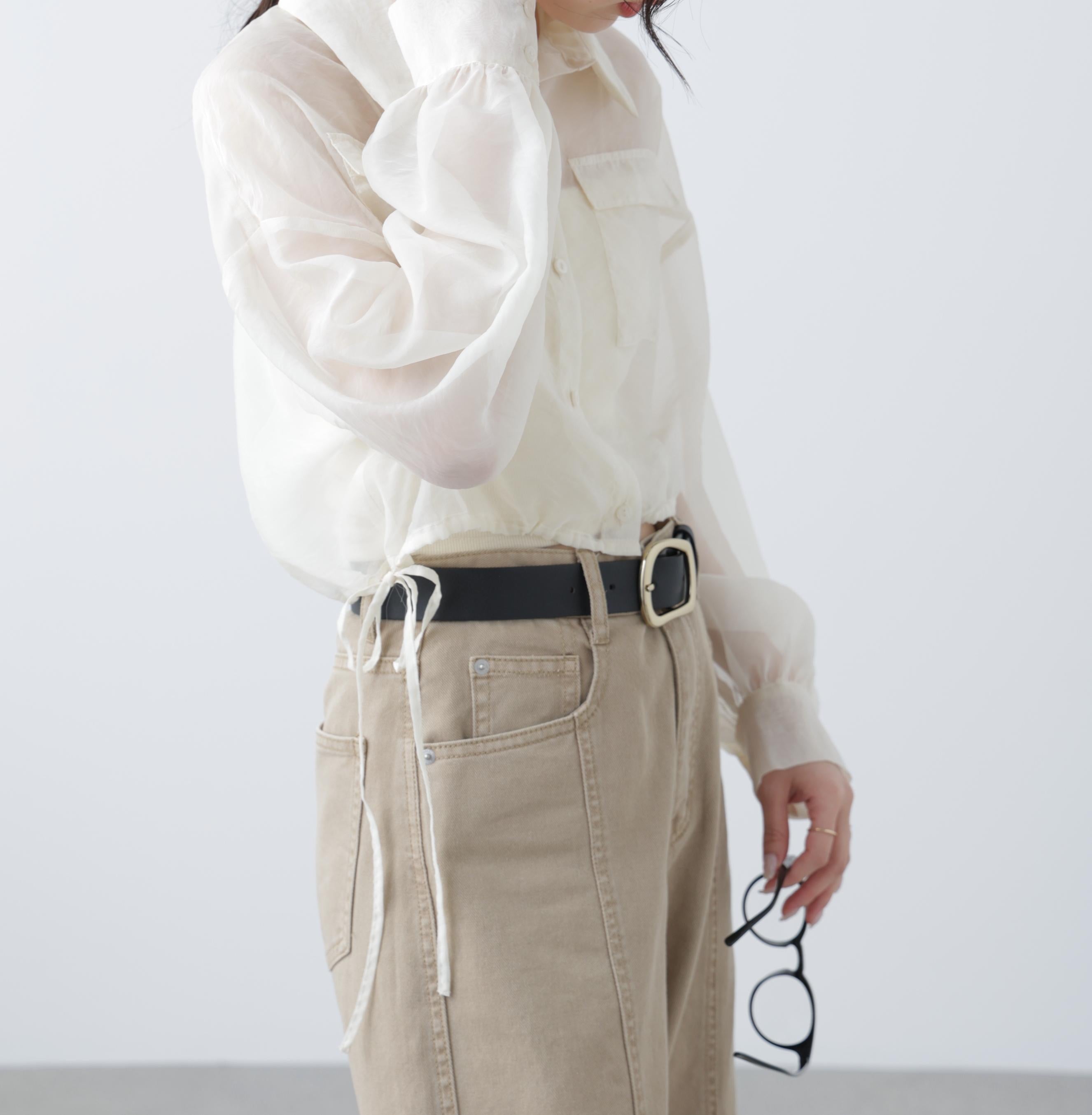 裾ドロストショート丈シアーシャツ ホワイト