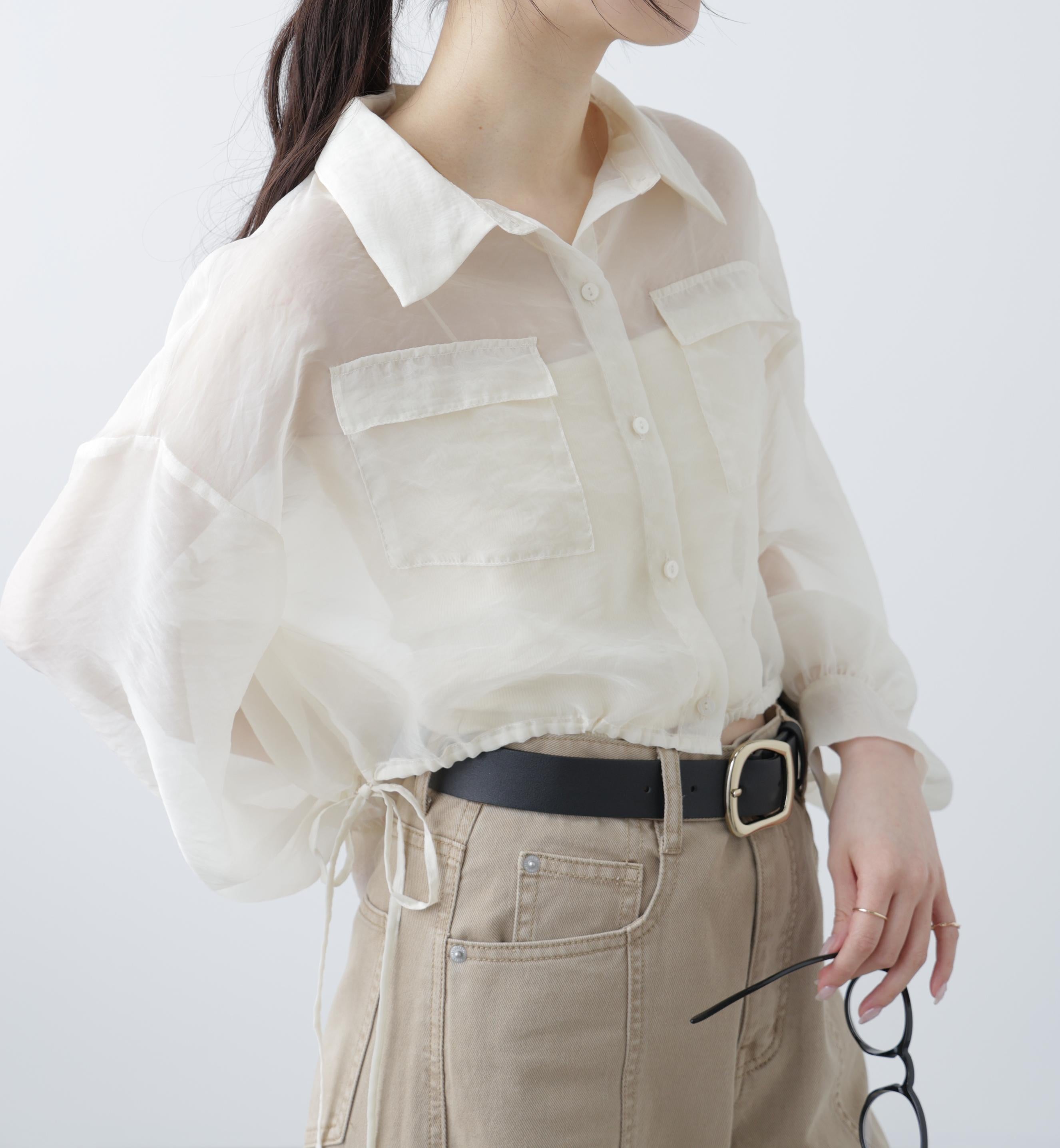 裾ドロストショート丈シアーシャツ ホワイト
