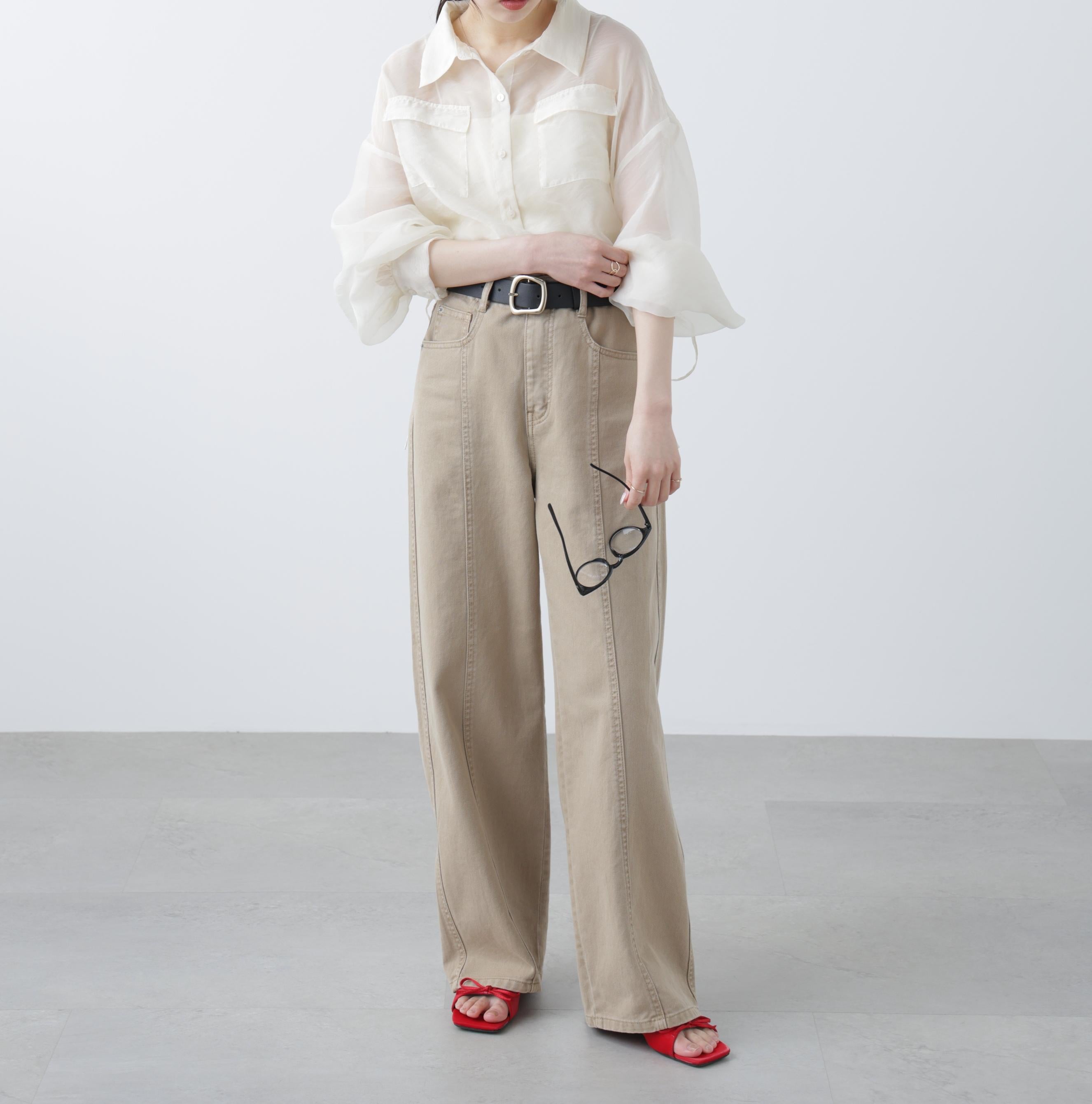 裾ドロストショート丈シアーシャツ ホワイト