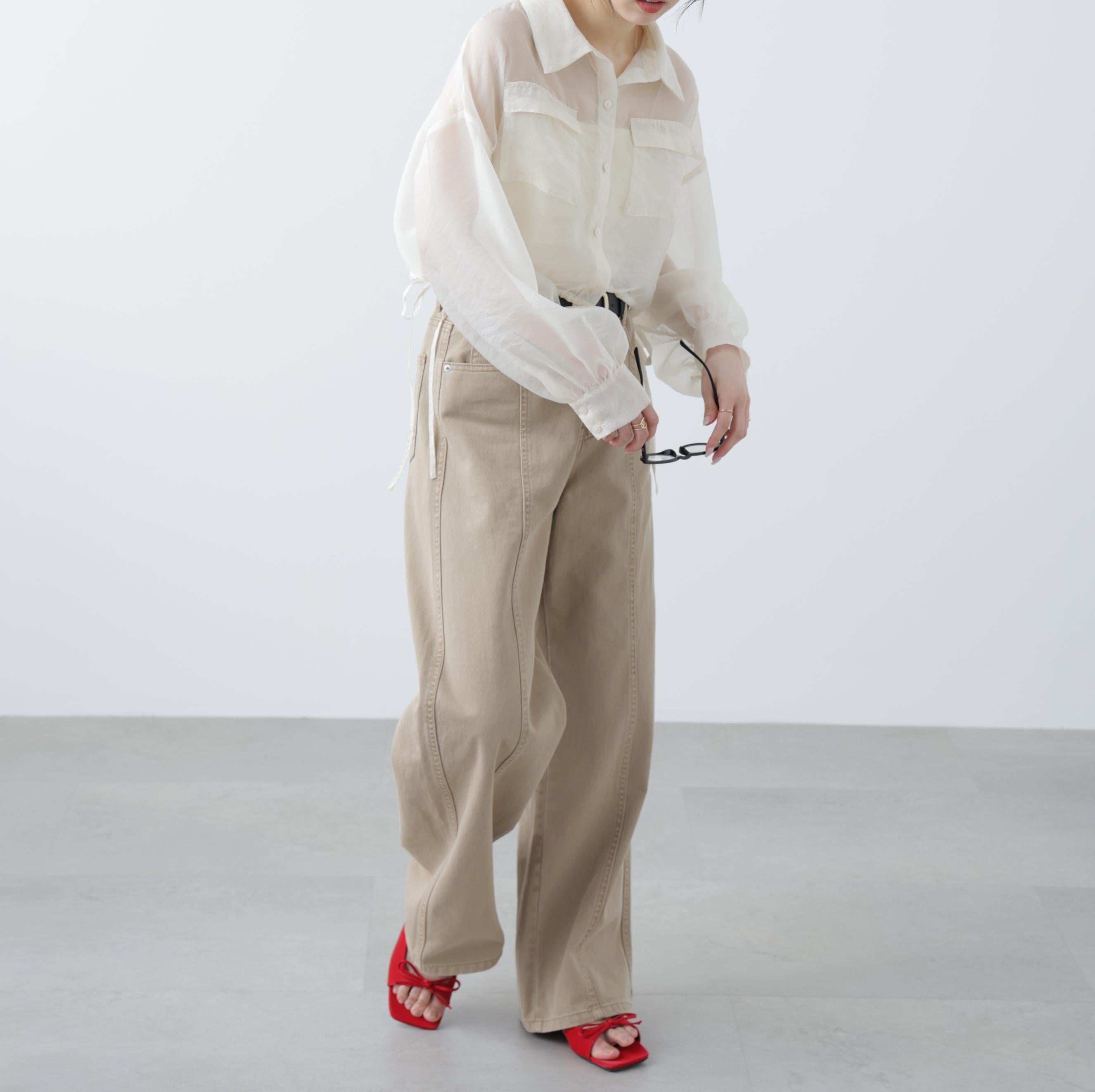 裾ドロストショート丈シアーシャツ ホワイト