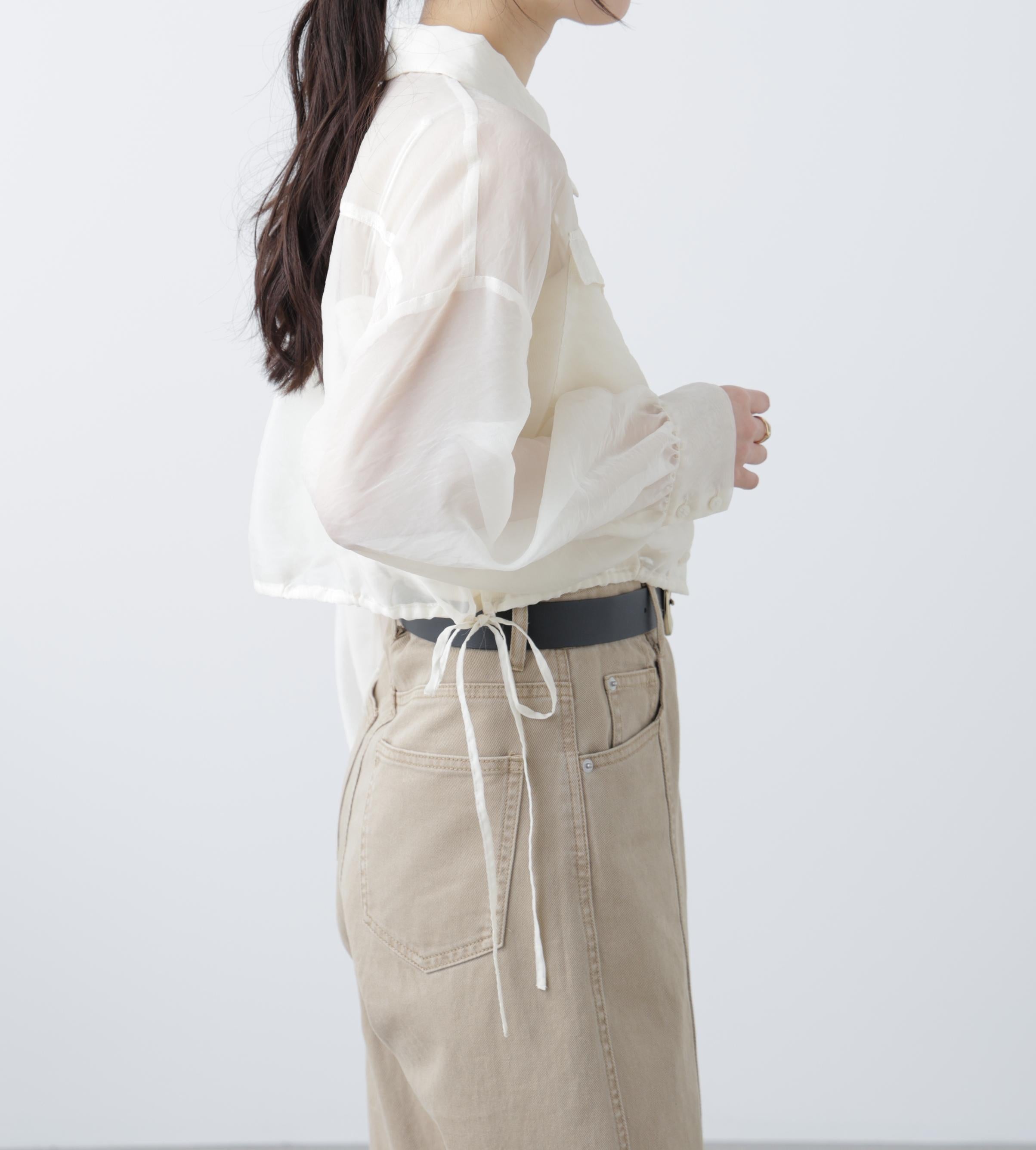 裾ドロストショート丈シアーシャツ ホワイト