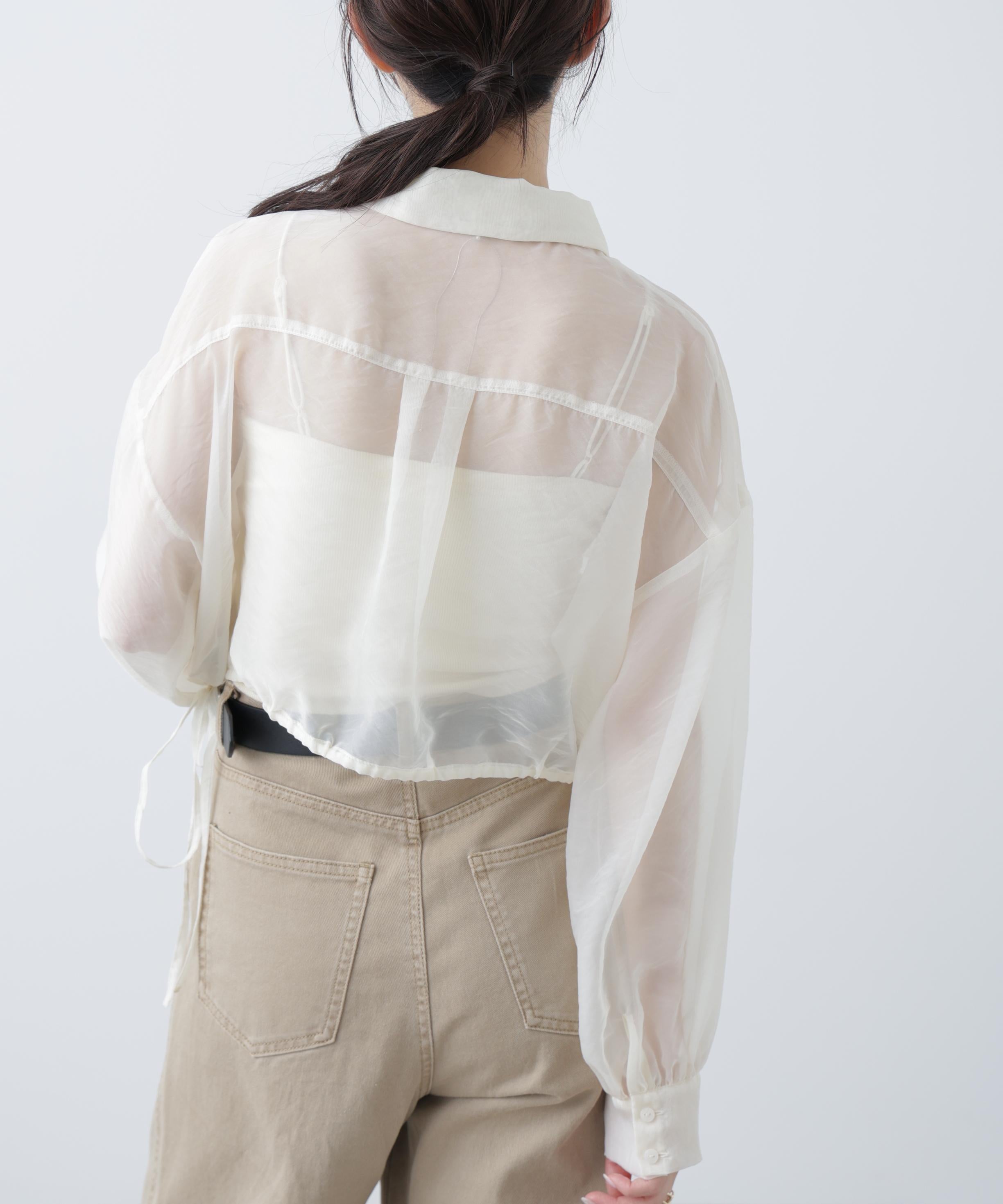 裾ドロストショート丈シアーシャツ ホワイト